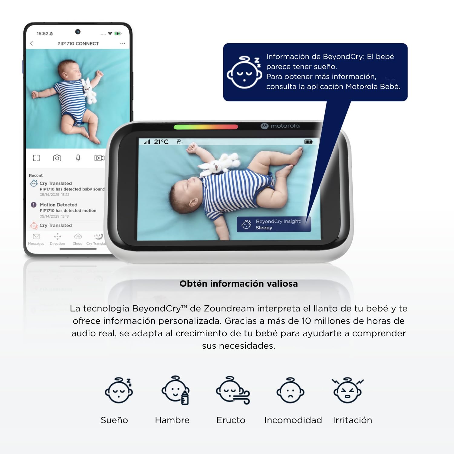 Motorola Nursery PIP1710 Connect – Vigilabebés Wi-Fi con Cámara HD Motorizada y Pantalla Táctil de 5” | Detección y Traducción de Llanto, App Motorola Bebé, Visión Nocturna, Montaje para Cuna
