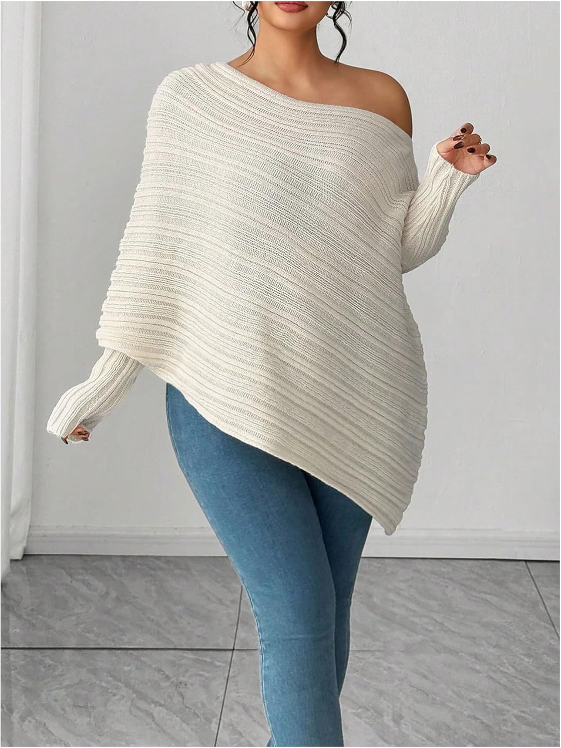 SOLY HUX Women's Plus Size Sweater Off The Shoulder Long Sleeve Asymmetrical Knit Pullover Tops