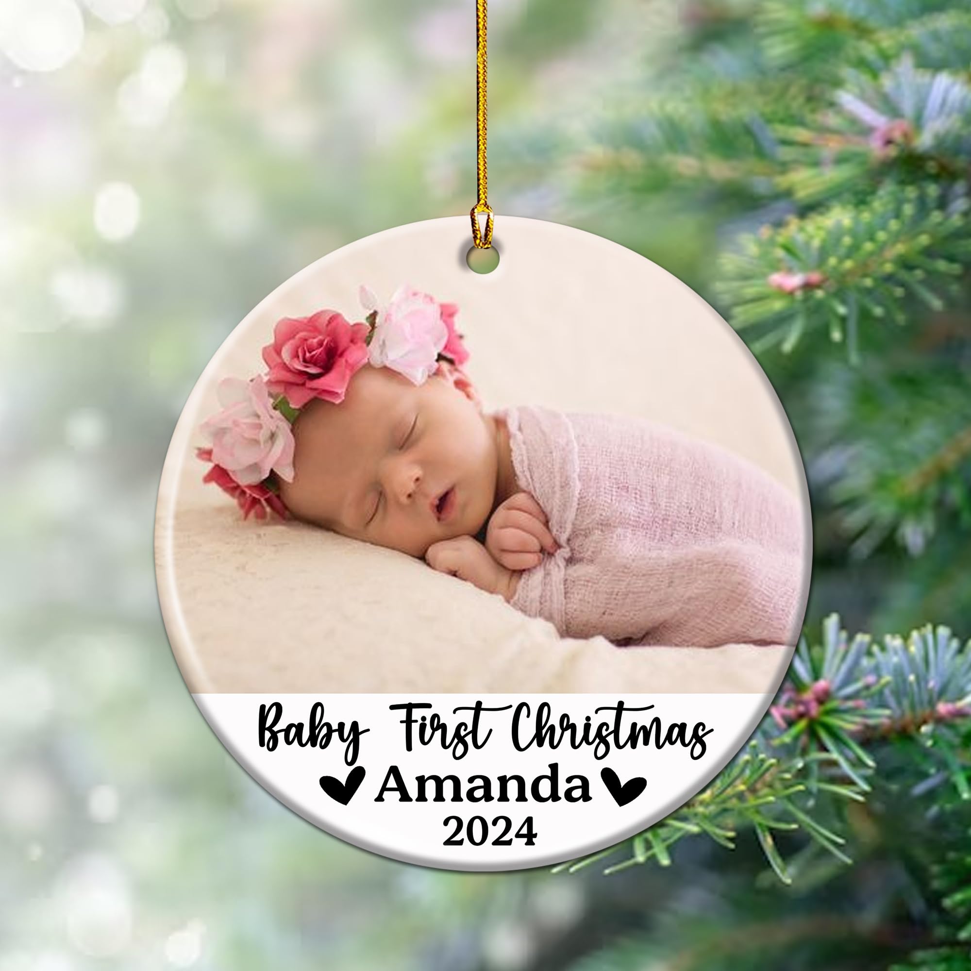 Personalized Baby's First Christmas Ornament 2024 with Picture Custom Photo Name Circle Ceramic Ornaments Babys 1st Xmas Memory Keepsake for Newborn Girl Boy Babies Decorations Home Tree