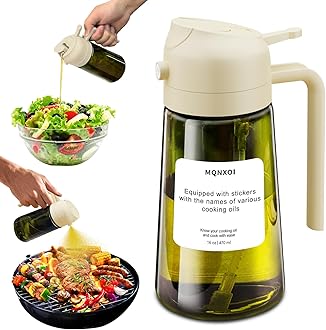 2 in 1 Glass Oil Sprayer & Dispenser,16oz/470ml Olive Cooking, Air Fryer, and Salad, for Kitchen Gadgets and Air Fryer Accessories, w/Stickers (White + Dark Green Bottle1)