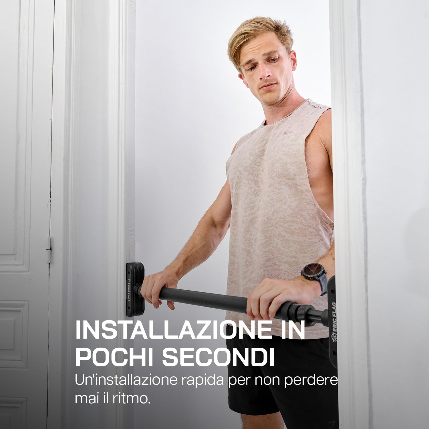 ERIC FLAG Barra per Trazioni da Porta senza Viti | Sbarra per Trazioni Regolabile 72-95 cm, Supporta fino a 200 kg | Sistema di Bloccaggio Sicuro, Livelle a Bolla Integrate | Ideale per Home Gym