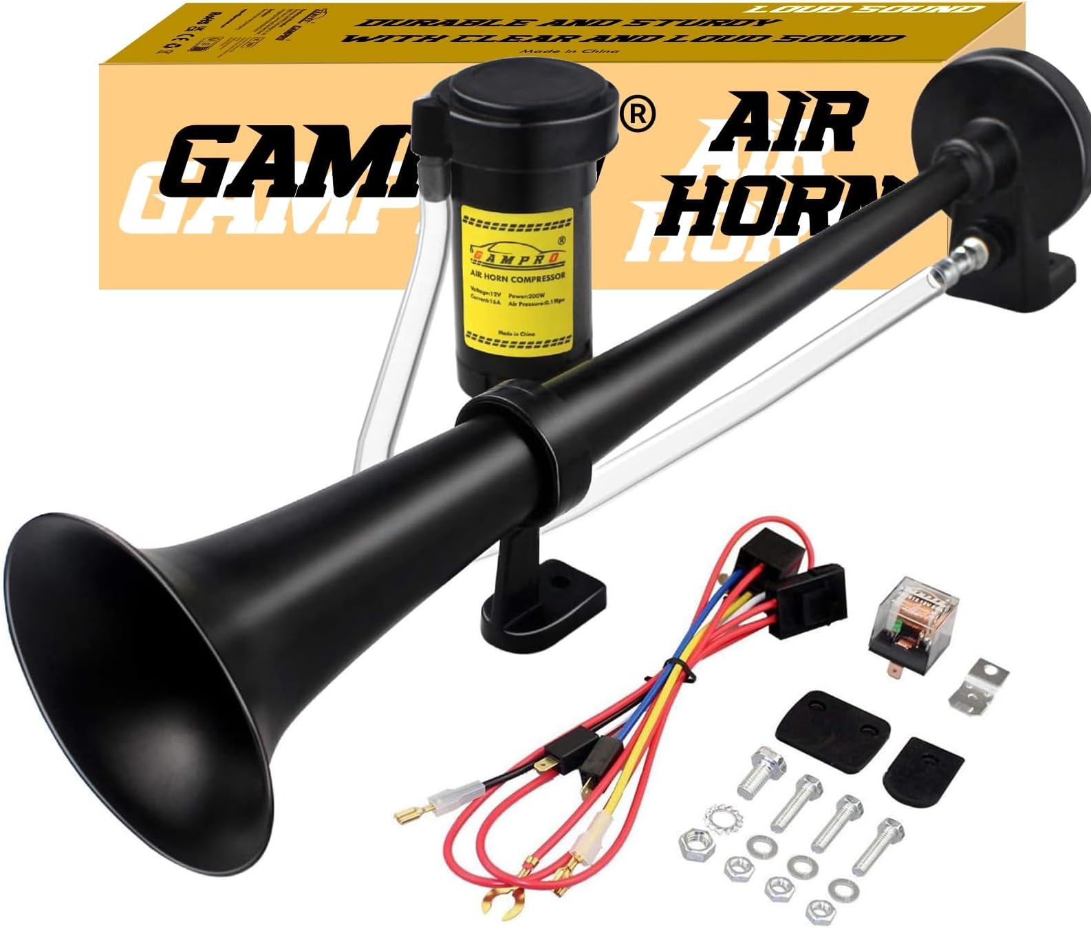 GAMPRO 12V 150DB Car Air Horns, 18 Inches Chrome Zinc Single Trumpet Truck Air Horn with Compressor for Any 12V Vehicles Trucks Lorrys Trains Boats Cars (BLACK)