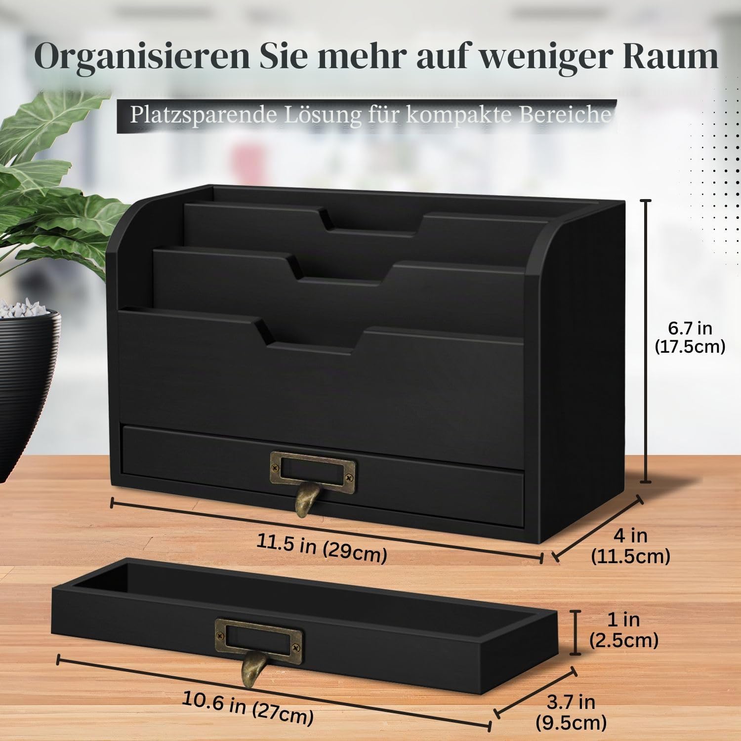 Flexzion Schreibtisch Organizer aus Holz, Rustikaler Regalhalter mit 3 Schubladen & Fächern, Tisch Desk Organizer, Büro Schreibtisch Zubehör, für Buch Stifte Hefter Ordner Klammer Haftnotiz, Hellbraun | Rechnungs- und Aktenordner mit 3 Fächern, einer Schu