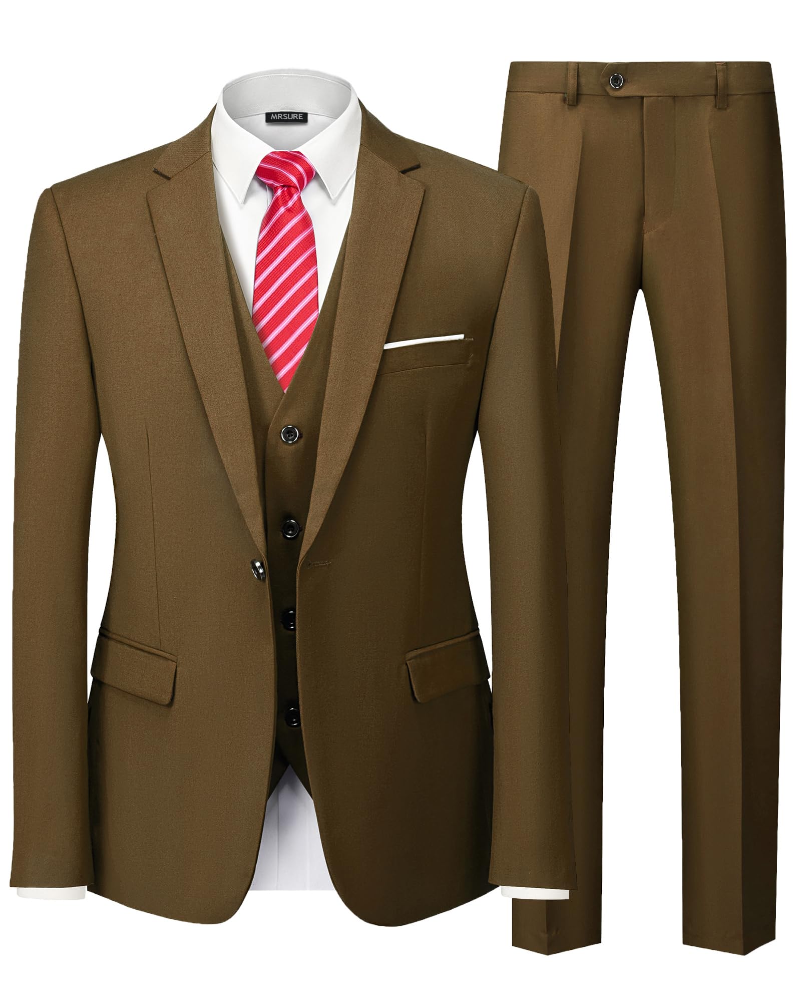 MrSure Men’s 3 Piece Suit Blazer, Slim Fit Tux with One Button, Jacket Vest Pants & Tie Set for Party, Wedding and Business
