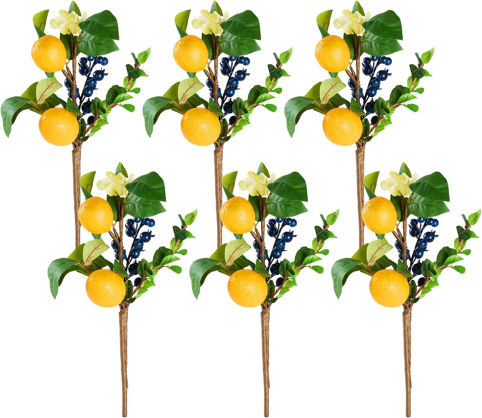 6 Pack Spring Summer Decorative Picks Artificial Lemon Blueberry Plants Branches Artificial Lemons Blueberries and Eucalyptus Leaves Faux Fruit Floral Stems for Home Décor (6pack)