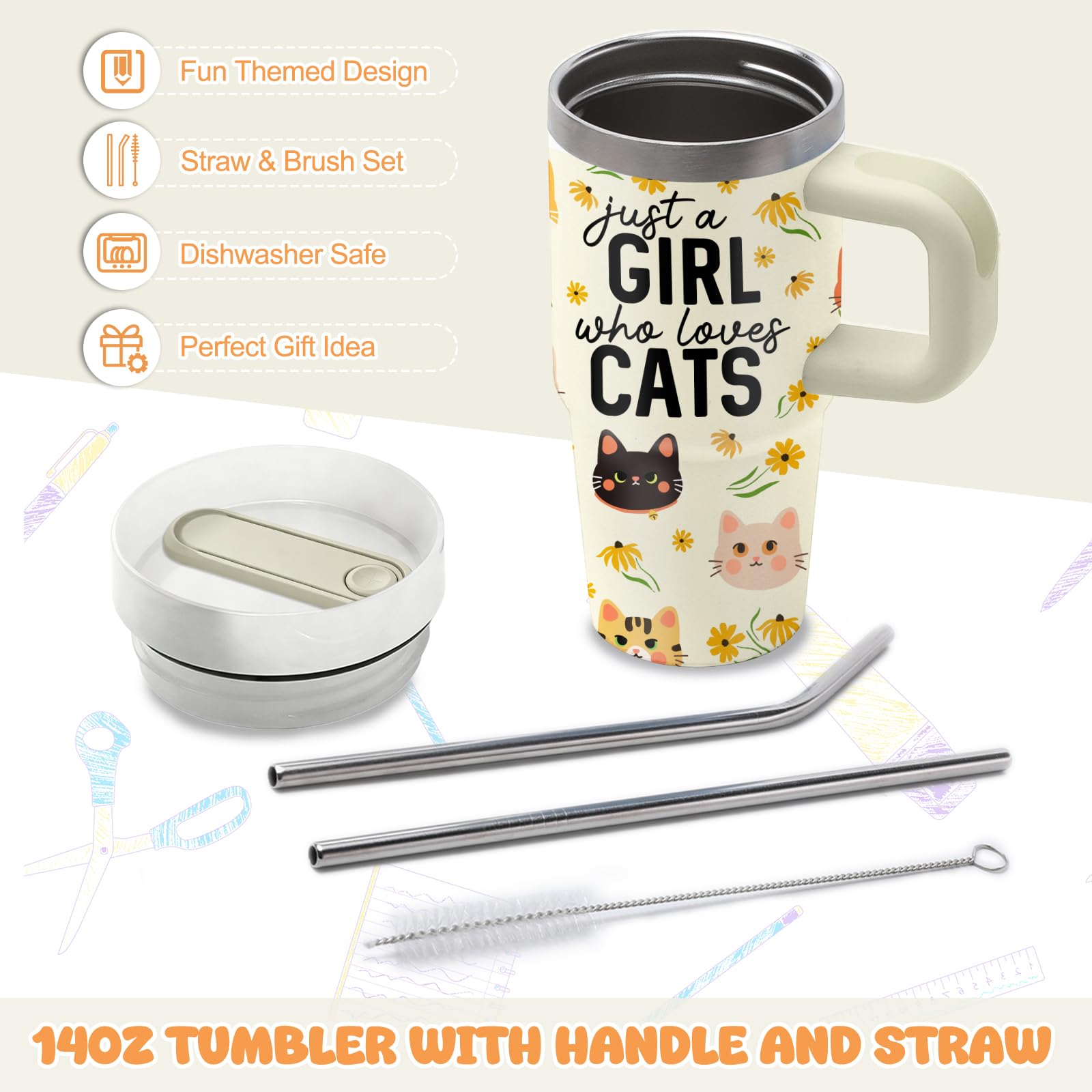 Regalos para amantes de los gatos, vaso de gato de 14 onzas con asa para niños, regalos para amantes de los gatos, regalo para el día de San Valentín para mujeres y niñas, vasos de acero inoxidable