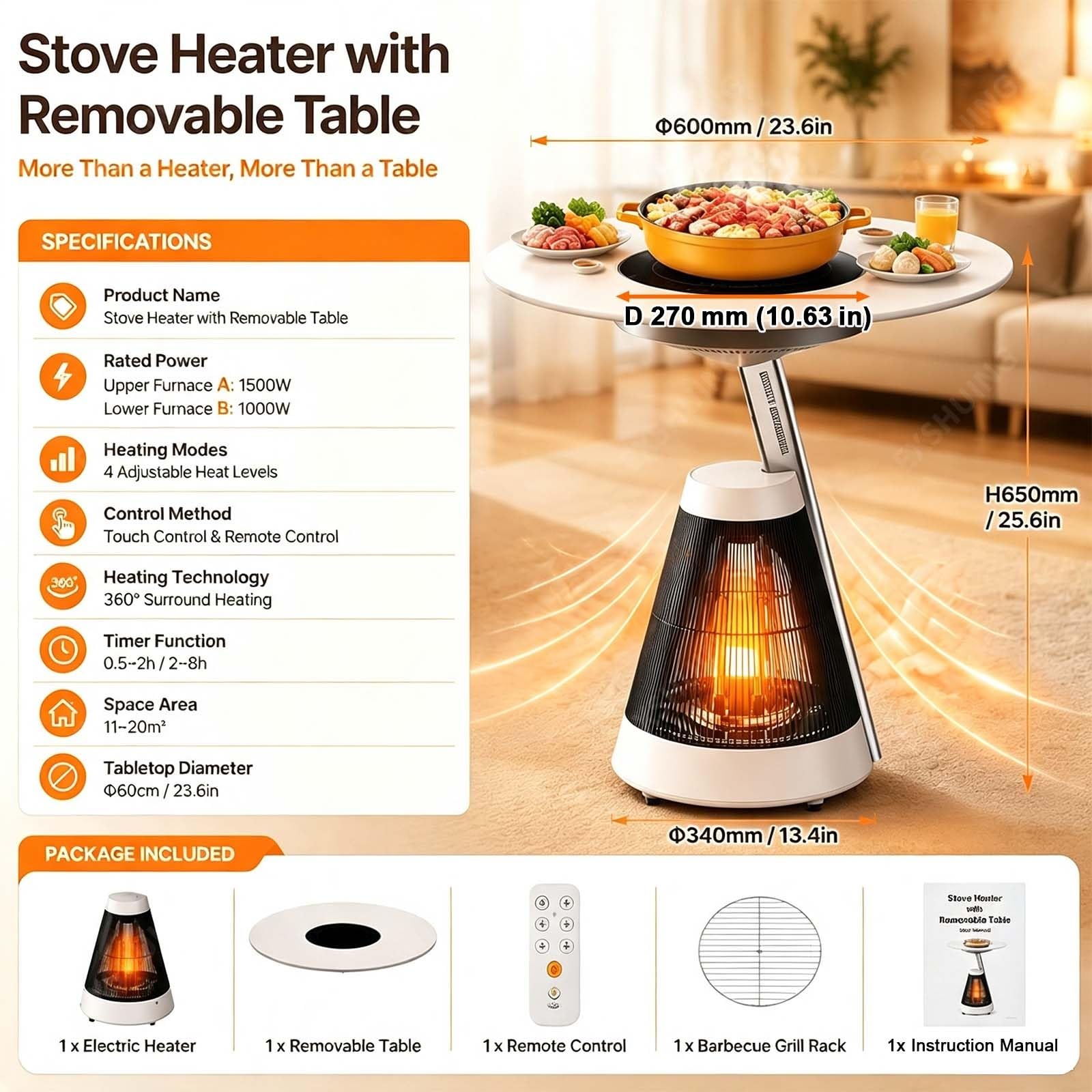 Kompakter Tischheizer Mit Grillfunktion, Ideal Für Studentenwohnheim | 1500-W-Cerankochfeld + 1000-W-360°-Warmluftfunktion, Zwei Timer, Touchpanel + Fernbedienung, Kindersicherung