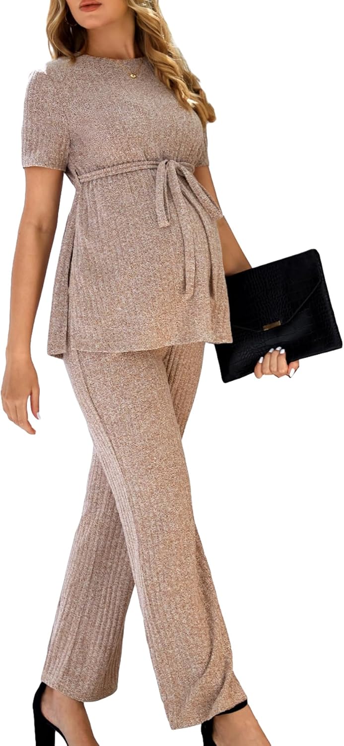 WDIRARA Women's Maternity 2 Piece Split Hem Belted Tee Shirt and Elastic Waist Pants Set