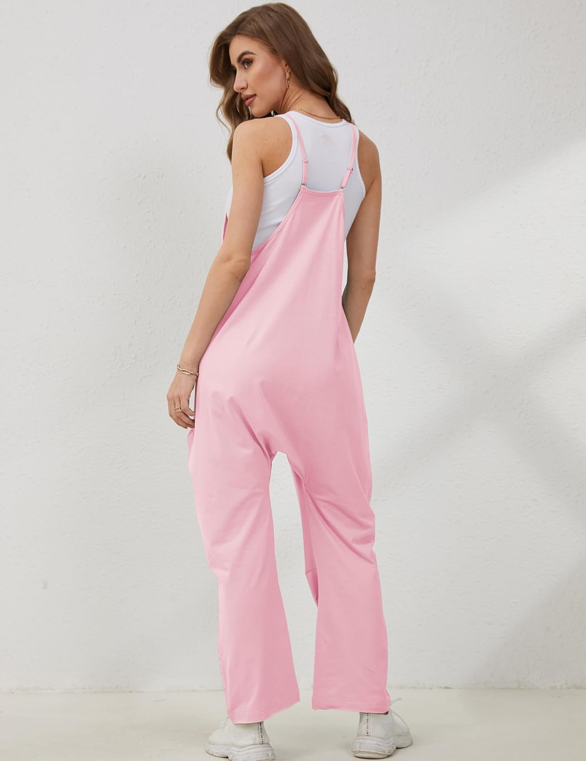 Lentta Women's Causal Jumpsuits V Neck Sleeveless Harem Overalls Stretchy Adjustable Strap Romper with Pockets - Image 4