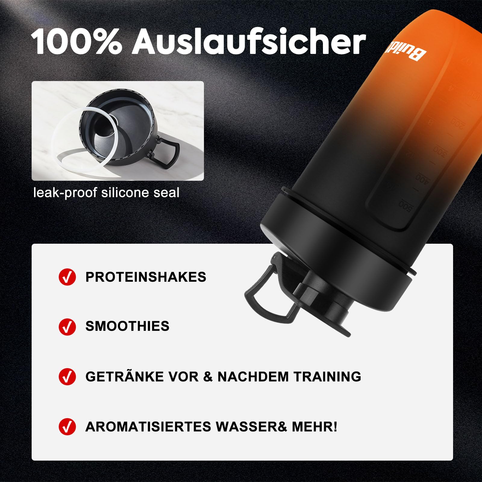 Shaker proteinowy 600 ml – szczelny, nie zawiera BPA, łatwe czyszczenie, tritan, mieszacz spiralny do kremowych szejków, nadaje się do mycia w zmywarce – shaker do białek premium (czarno-pomarańczowy)