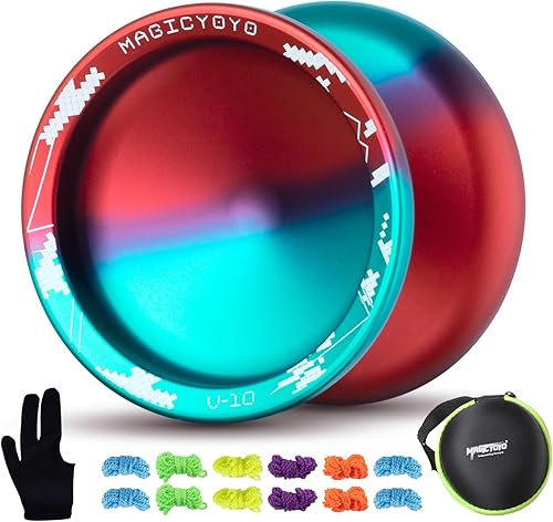 MAGICYOYO Yoyo profesional Yoyo V10 azul rojo sin respuesta con 12 cuerdas Yoyo, estuche Yoyo, guante Yoyo
