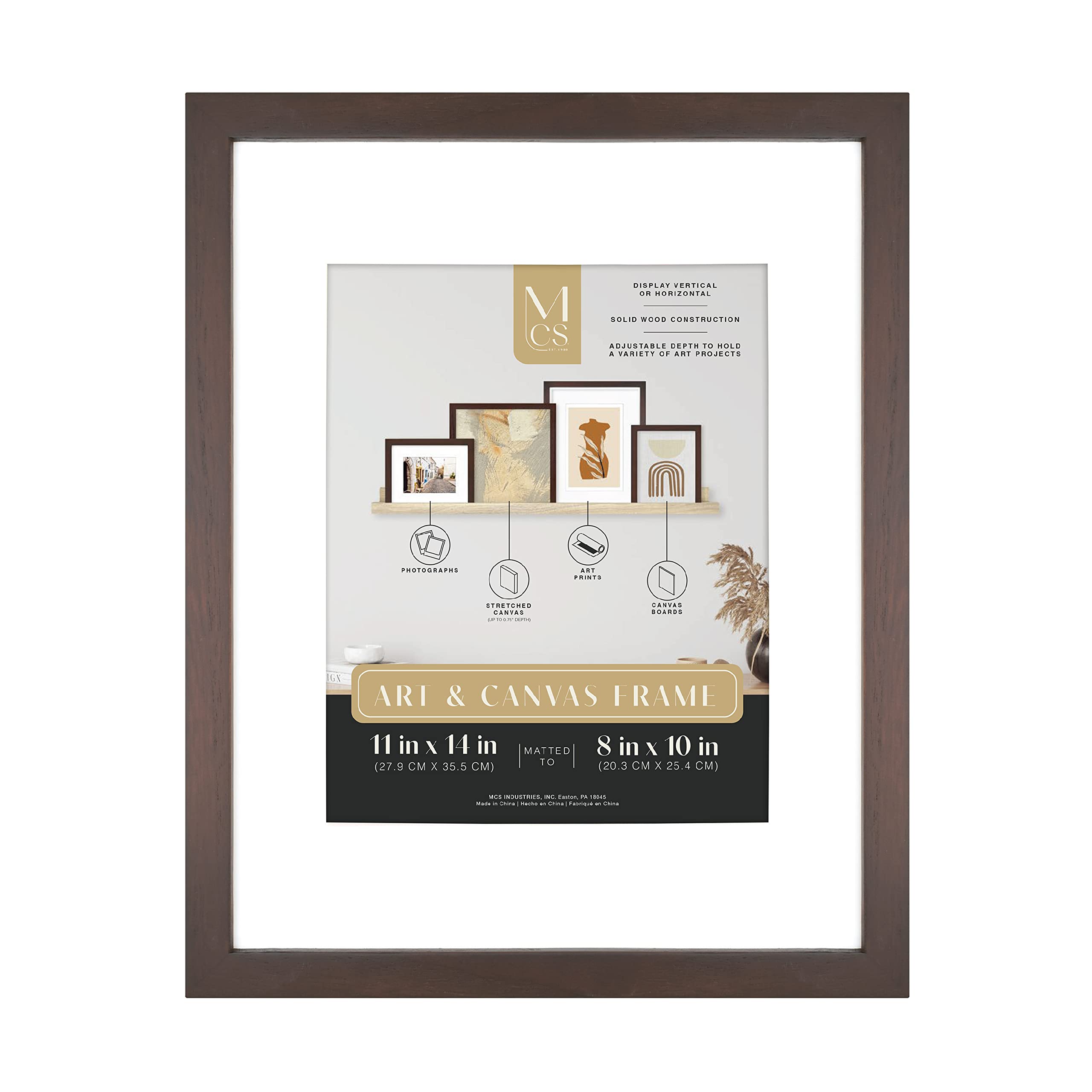 MCS Gallery Wooden Picture Frame for Canvas, Art Boards, Photos and more, Walnut, 11x14 with 8x10 Mat