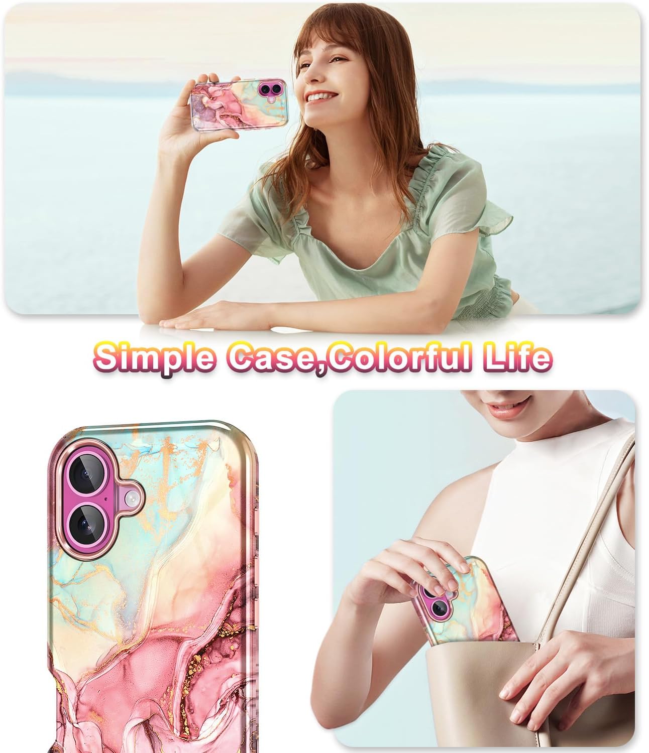 Btscase for iPhone 16 Case (2024),[Military Grade Drop Tested] Marble Pattern Design Slim Rugged Shockproof Women Girls Men Protective Anti-Scratch Cover for iPhone 16, All Rose Gold - Image 6