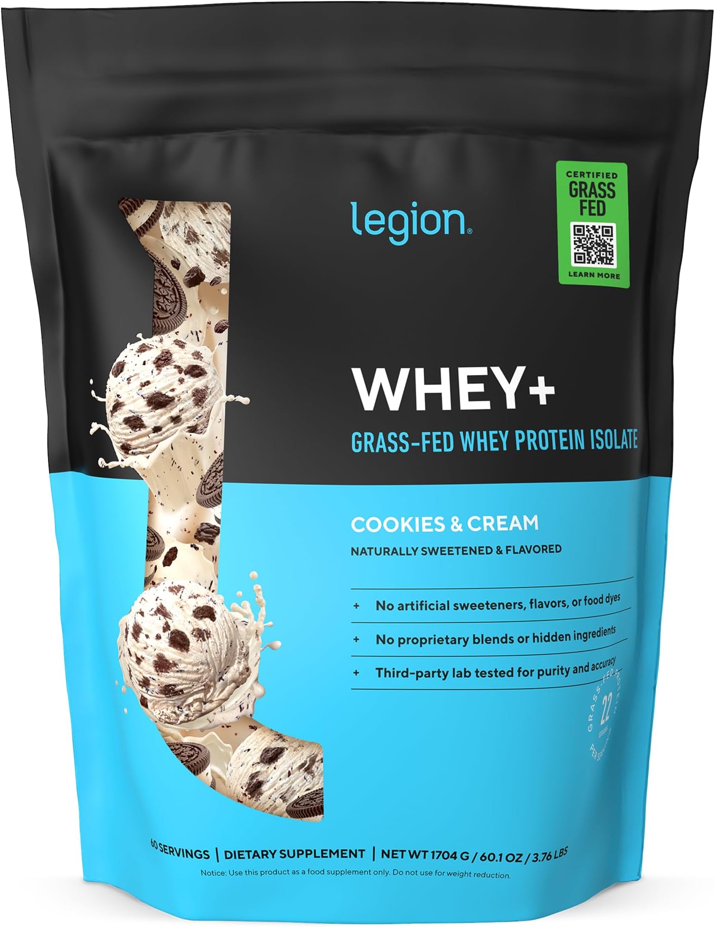 LEGION Whey+ Protein Whey Isolate from Grass Fed Cows (Cookies & Cream, 60 Servings) - Whey Protein Isolate Low Calorie, Non-GMO, Sugar Free, Lactose and Gluten Free, All Natural Protein Powder