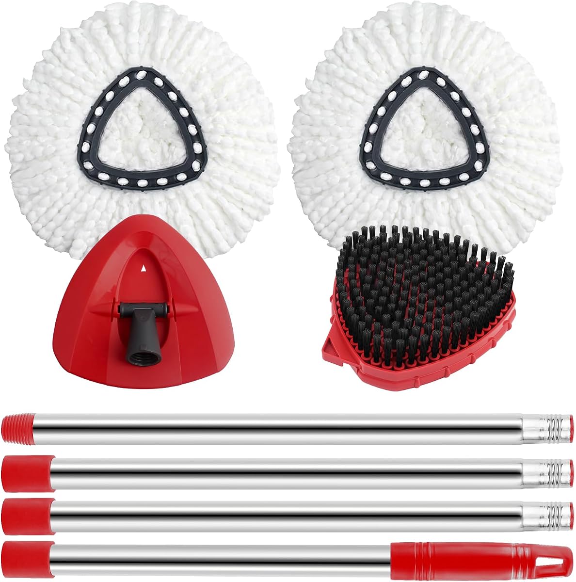 Spin Mop Replacement Head, Brush, Handle, Base for O Cedar 1 Tank System | 2 Microfiber Mops Refills, 1 Scrub Brush Replace Head, 1 Mop Base, 30-58in Mop Handle Complete Set for Home, Shower, Office