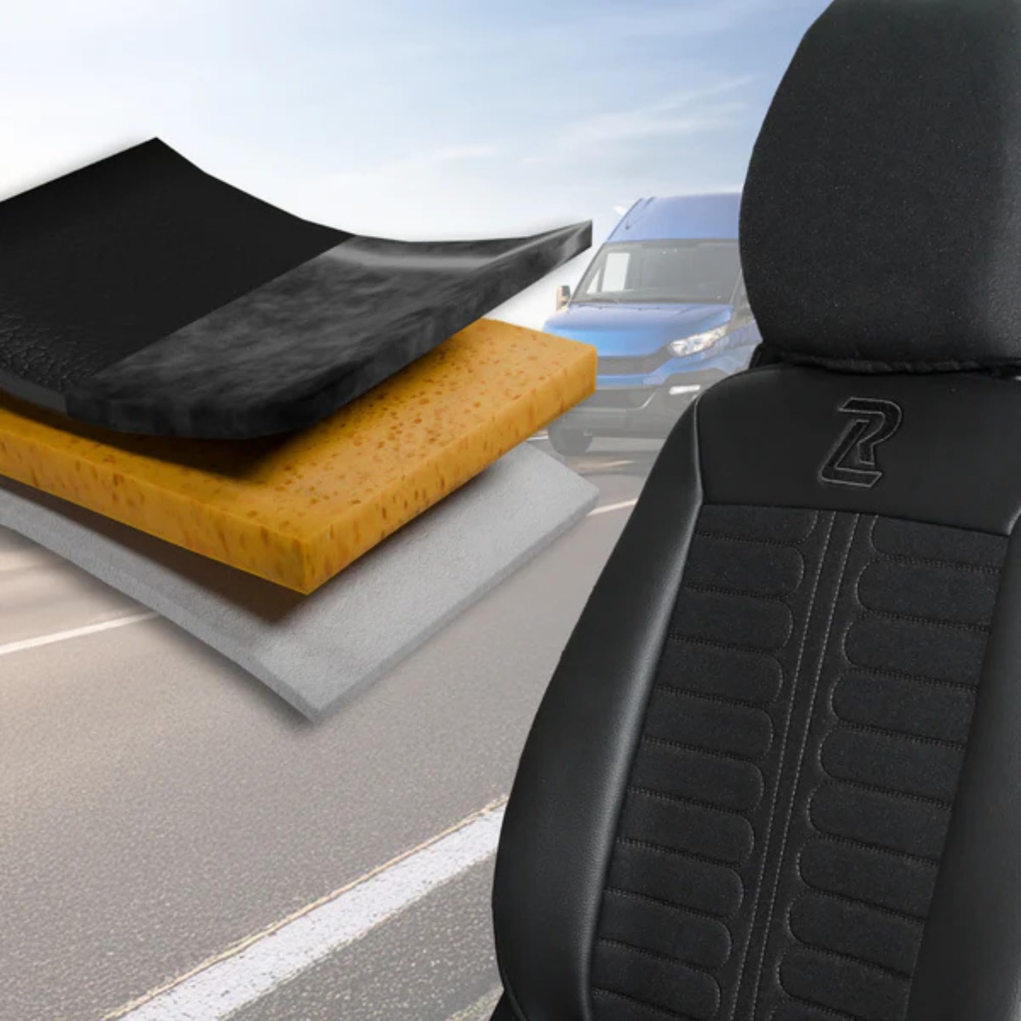 LUCARO Housses de Siège Auto Set Tornado pour Iveco Daily à Partir de 2014 1+2 Noir – Housses de Siège Auto Résistantes, Tissu Confort Fabriqué en Tissu D’ameublement et Cuir écologique