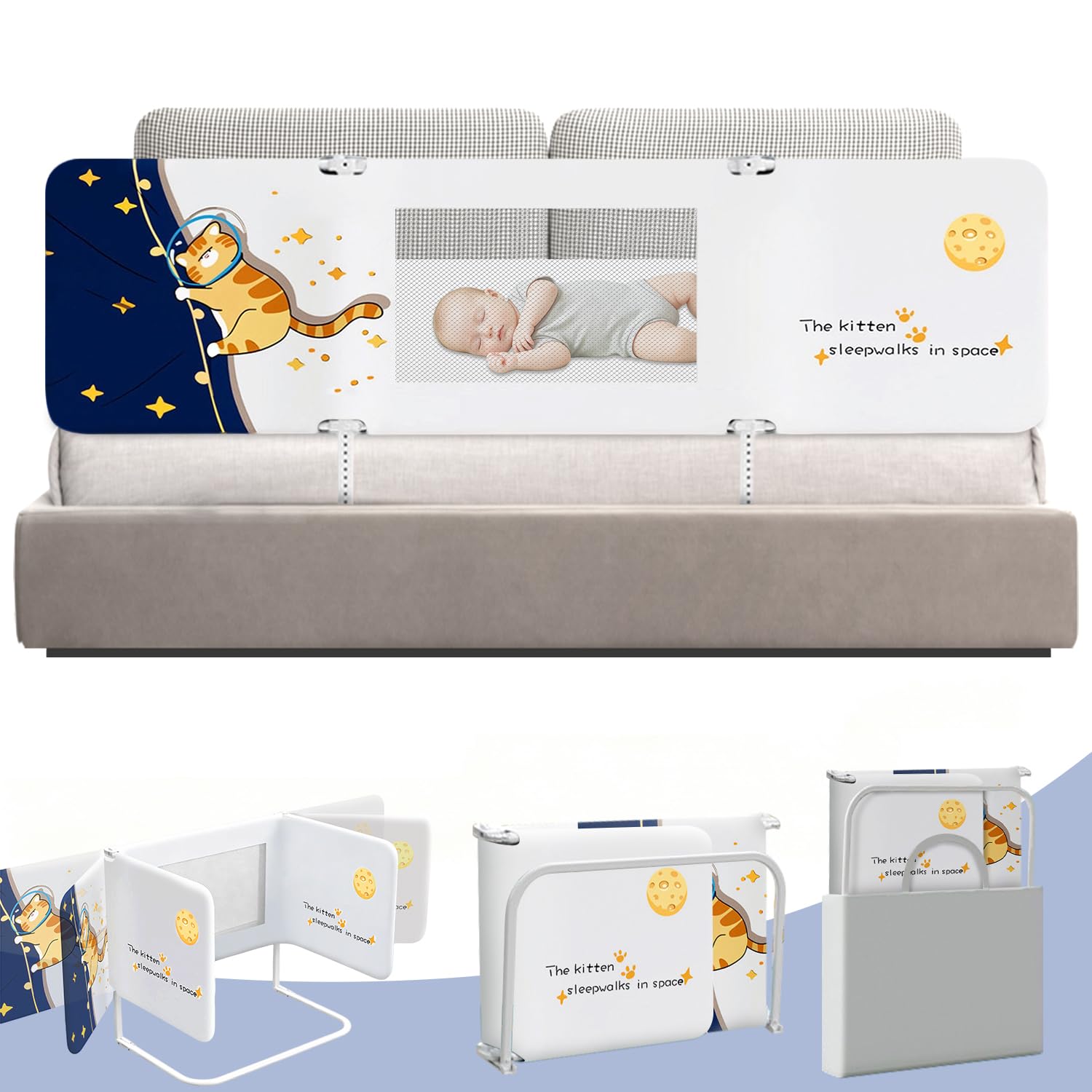 Składana bariera do łóżka 200 cm bez montażu - Boxspring i podróże, kotek