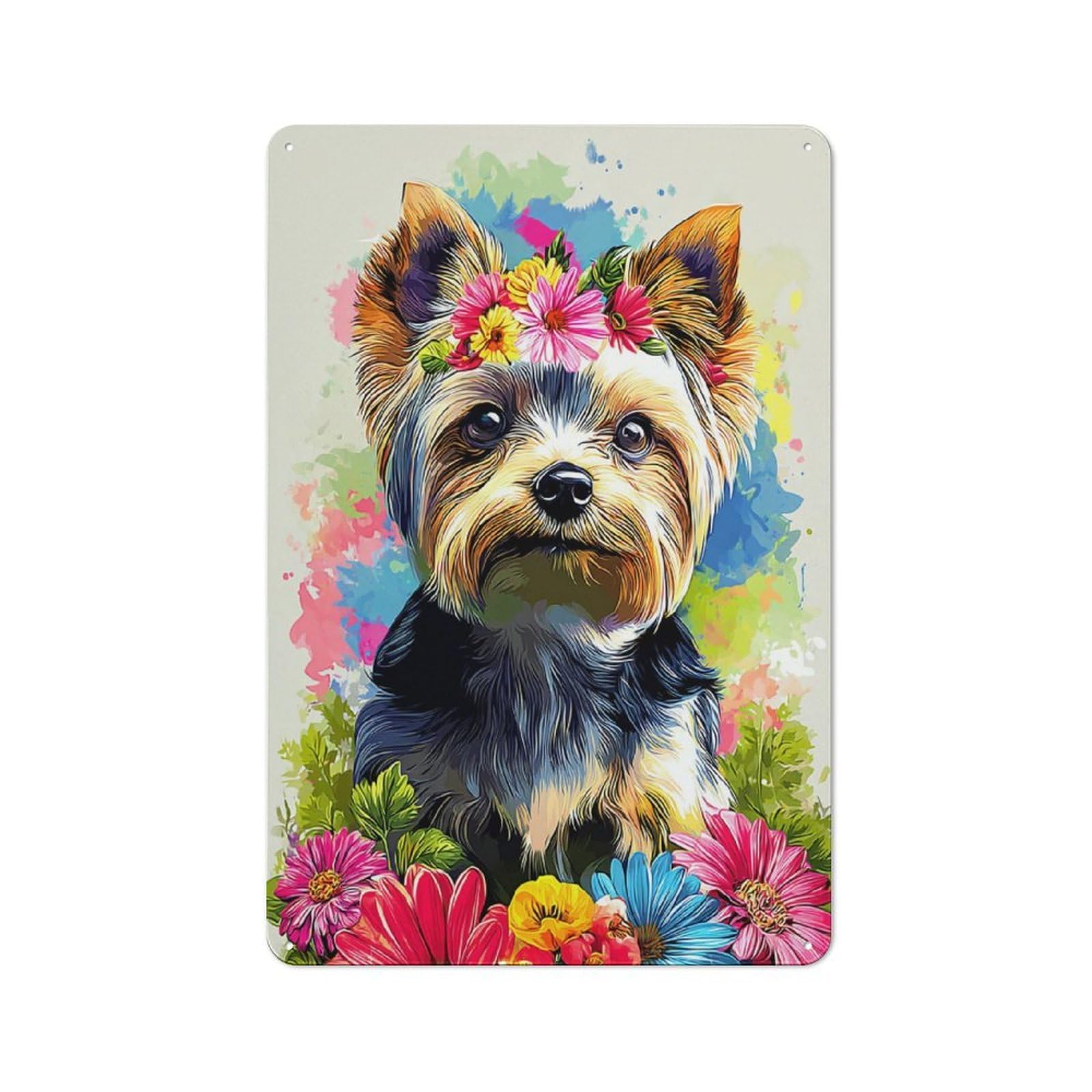 Junmoney Floral Yorkshire Terrier Portrait Metal Plaque With Design 30X20cm, Cosy Diner Style Decor For Coffee Bar, Kitchen, Bistro Or Tea Corner