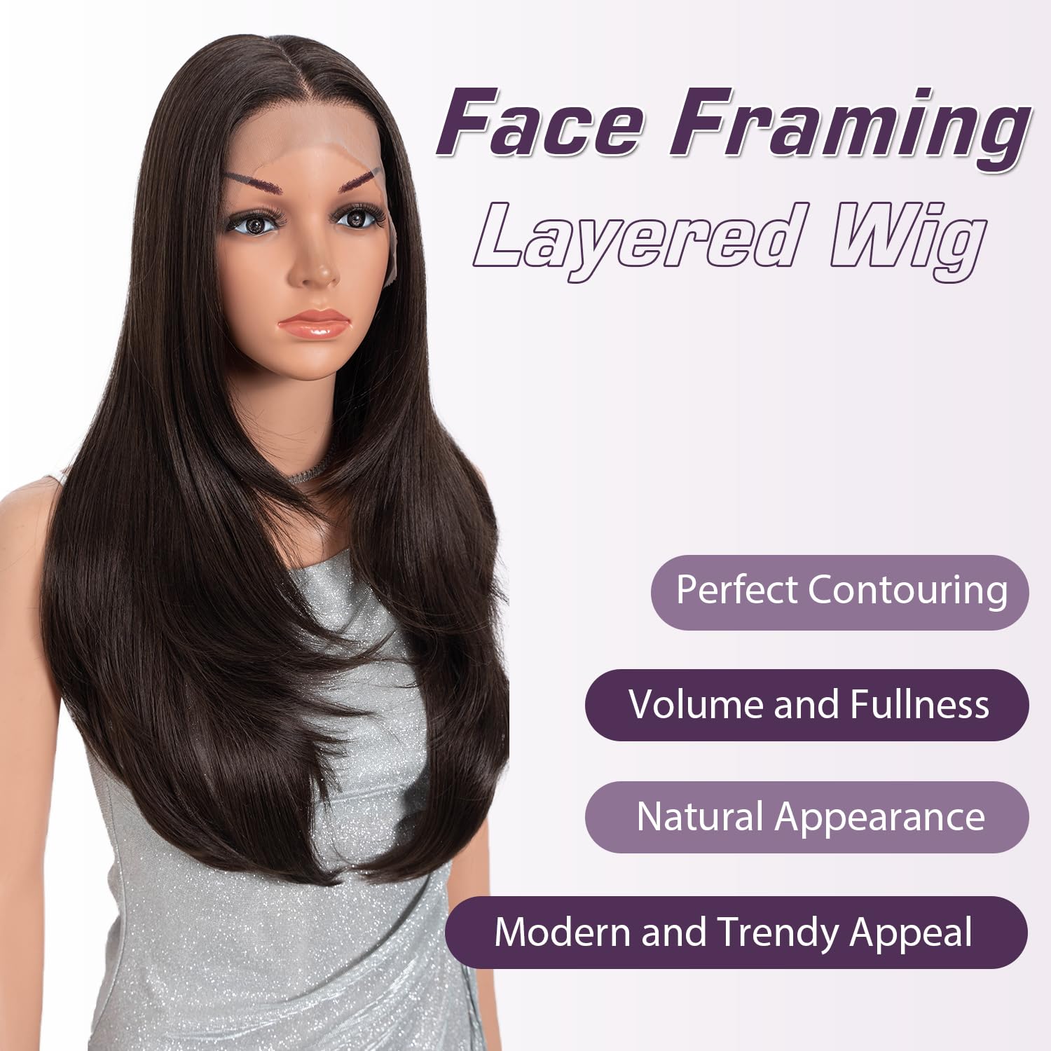 Joedir Long layered Straight Wigs with Curtain Bangs Synthetic Lace Front Wigs for Woman Pre Plucked 13x4x1 Lace Wig 24 Inches Long Middle Part Layered Wig - Image 3