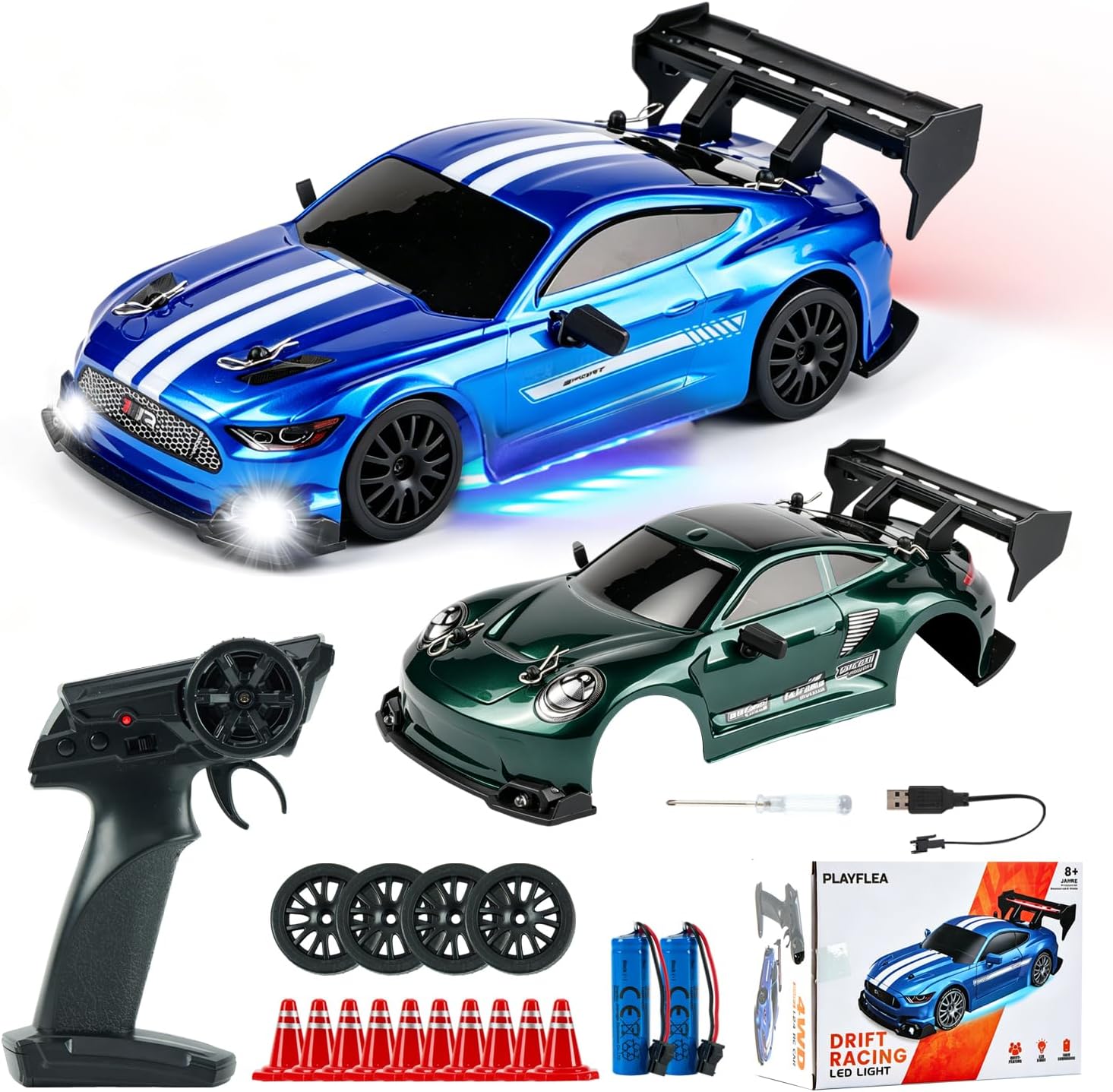 1:24 RC Drift Car, 20KM/H 4WD High Speed Remote Control Car with 2 Batteries, Extra Body Shell, Drift Tires, 10 Cones & LED Lights, 2.4GHz Racing Car Toy for Boys Girls.