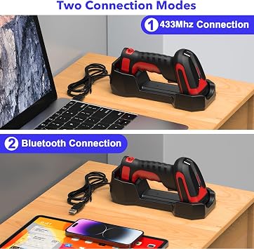 Industrial 2D Bluetooth Barcode Scanner with Charging Base,Bluetooth & 433MHz Wireless 2-in-1 1968ft Transmission Distance,Auto-scanning Available,Support on DPM Code