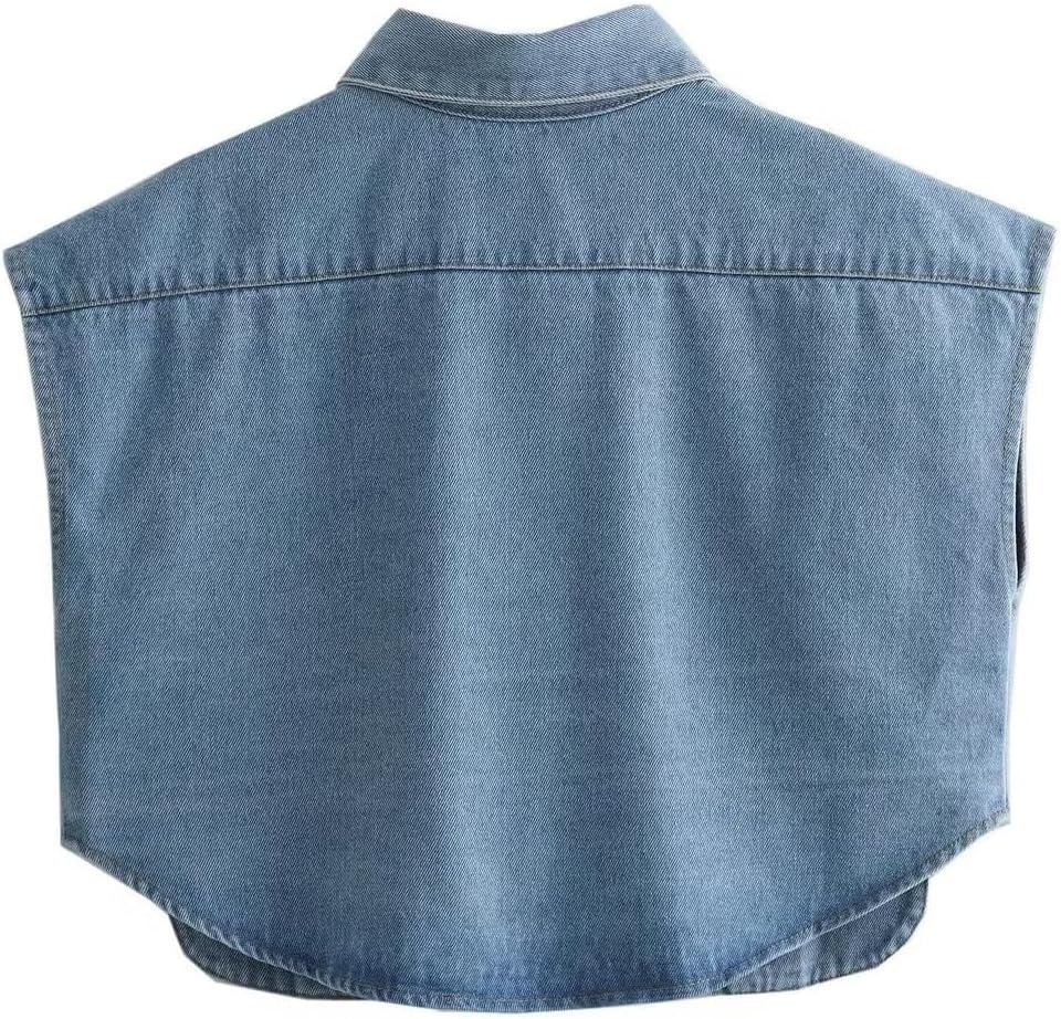 Hotmiss Womens Cropped Button Down Shirt Summer Collared Sleeveless Loose Denim Top with Pockets - Image 2