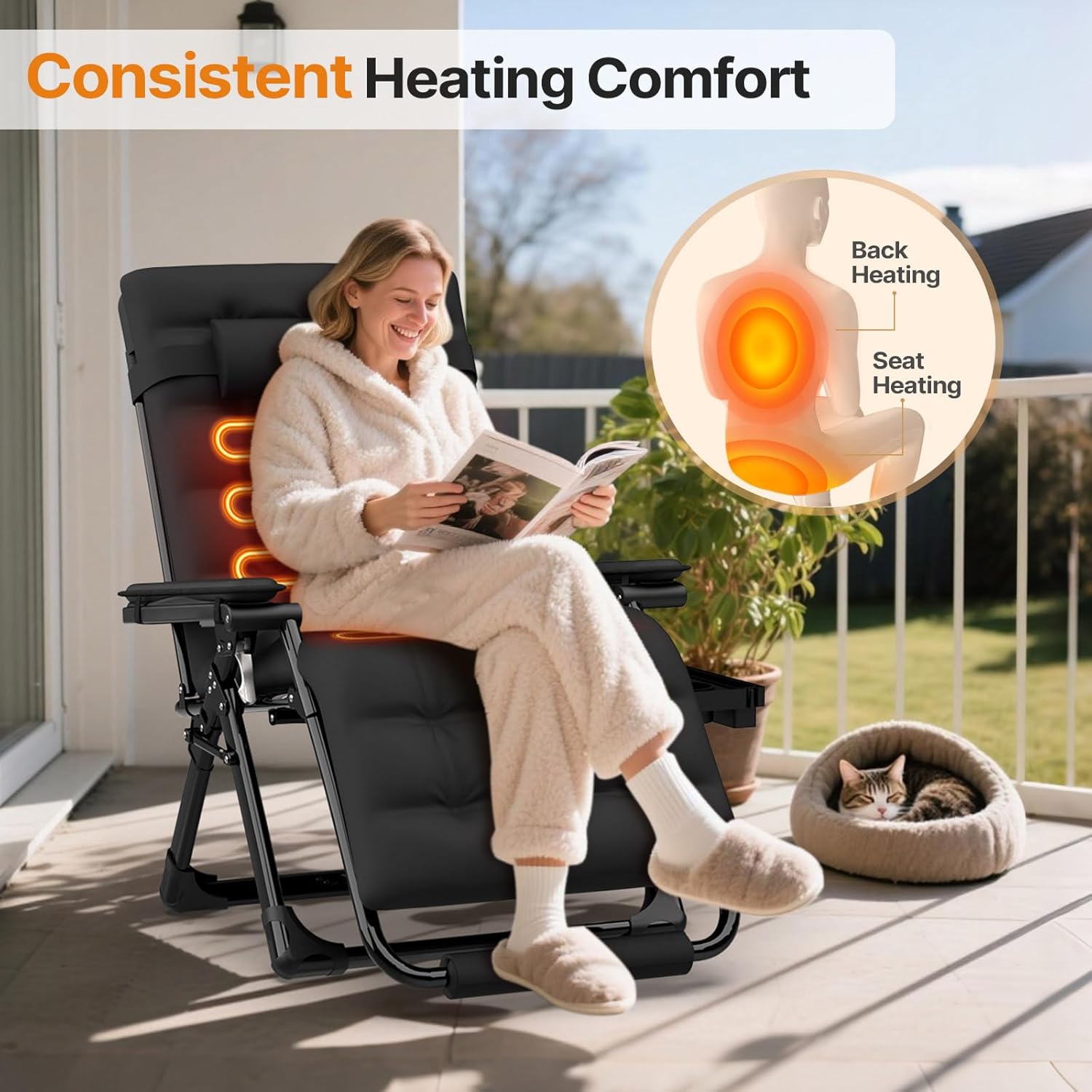 Suteck Heated Zero Gravity Chair, 29" XL Oversized Reclining Lounge Chair with 3 Heat Levels for Back & Seat, Armrest Pads, Cushion & Headrest, Upgraded Lock & Footrest, 500LBS(Battery Not Included)