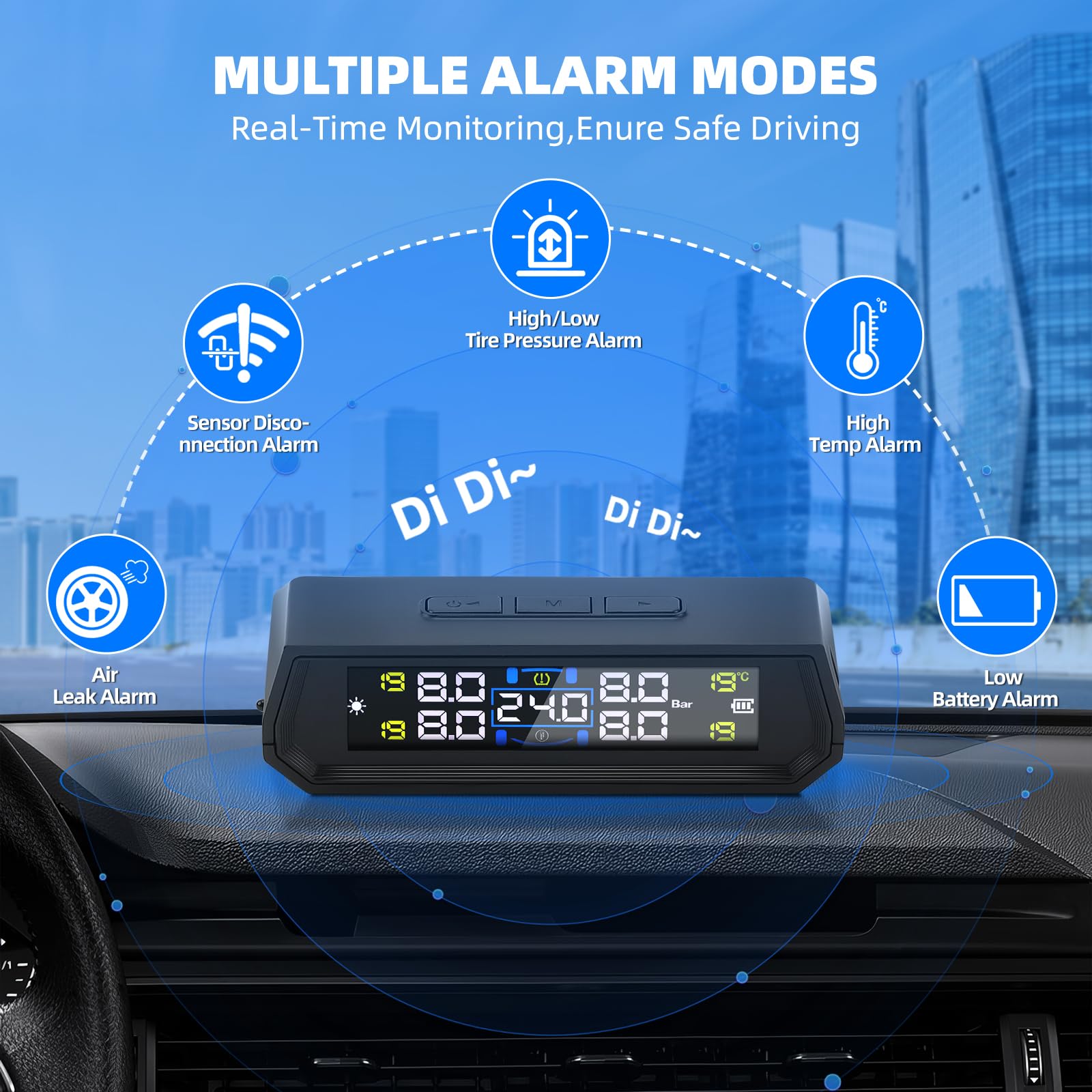 Sistema di controllo della pressione dei pneumatici 0-72 PSI 0-5 Bar TPMS con energia solare e USB, 4 sensori di pressione dei pneumatici esterni per la pressione dei pneumatici, universale