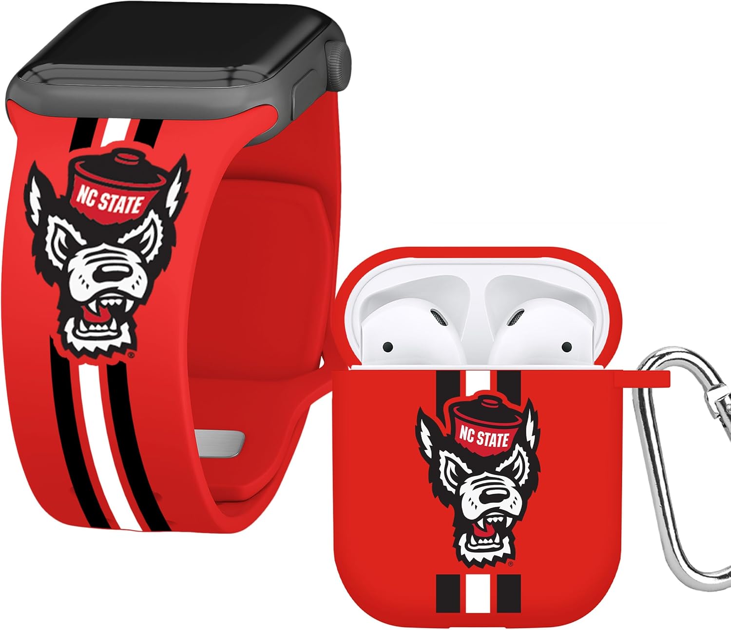 AFFINITY BANDS North Carolina State Wolfpack HD Combo Package Compatible with Apple Watch and AirPods Gen 1 & 2 (42/44/45/49mm (46mm Series 11) Short Stripes)