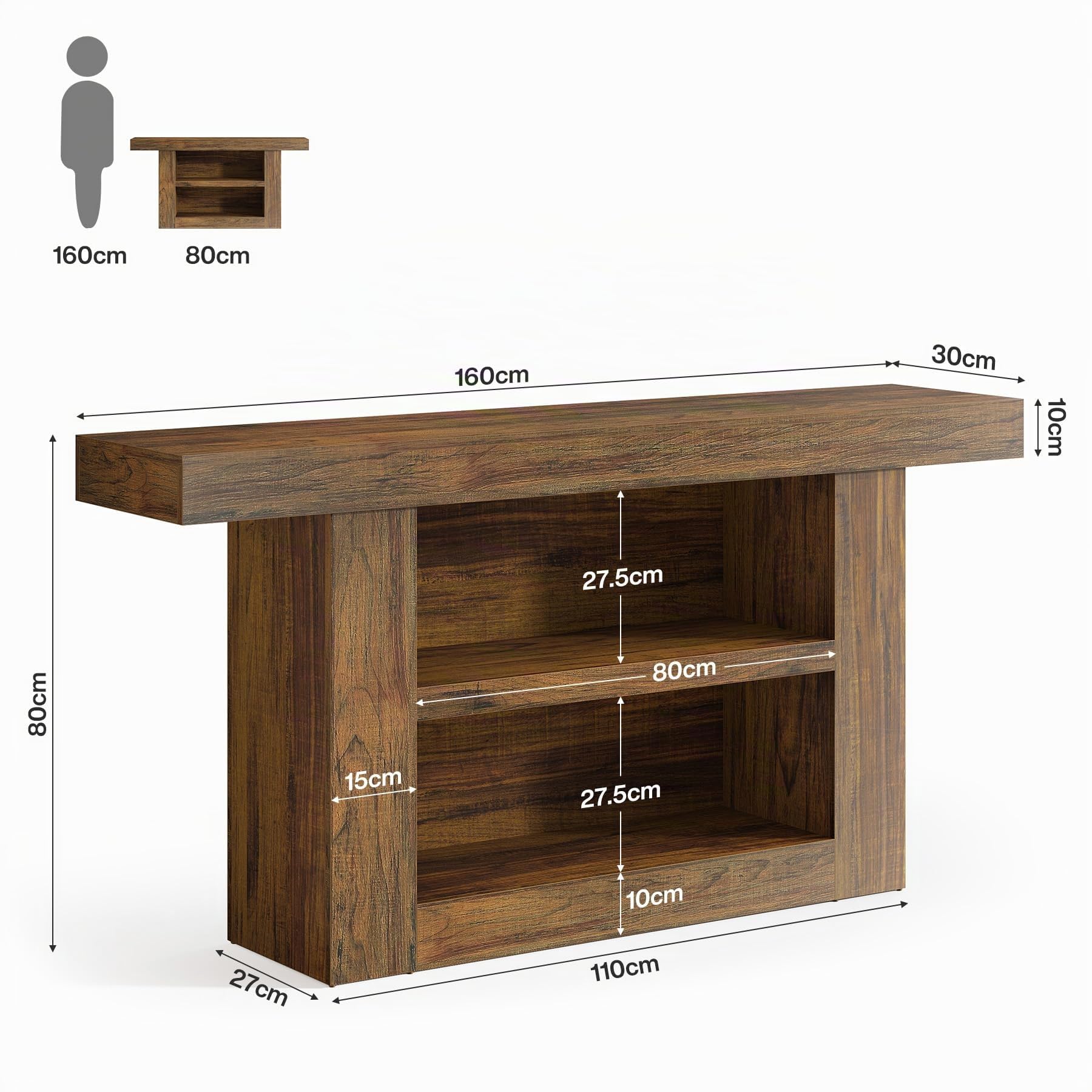 Tribesigns Konsolentisch, 160 cm, Beistelltisch, Flurtisch mit für Eingang, Schmaler Sofatisch mit 3 Etagen aus Holz hinter der Couch, für Eingang, Flur, Wohnzimmer, Braun