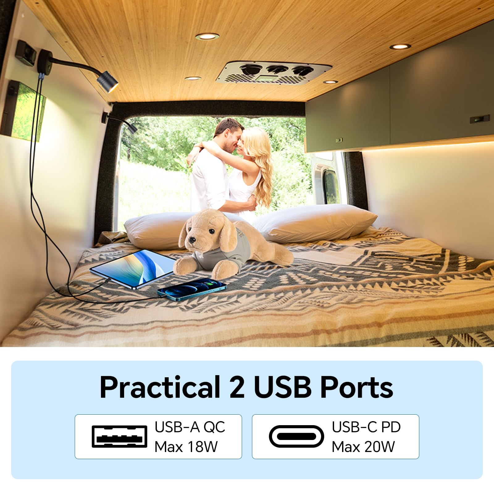 2 x Lampe de Lecture 12V LED Spot 3200K (Dimmable) et Veilleuse Rouge Douce, Équipé de Ports USB-A et USB-C, Flexible Col de Cygne Applique pour Camping-Car Bateau Caravane Voiture (Noir)