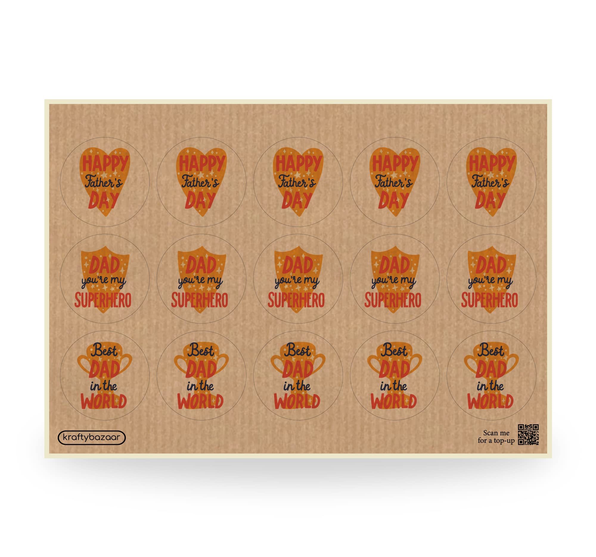 Pack of 180 Kraft Brown Father's Day Decor Paper Labels, 37mm Self-Adhesive Stickers, Multipack Stationery Craft Decorative Dad Labels