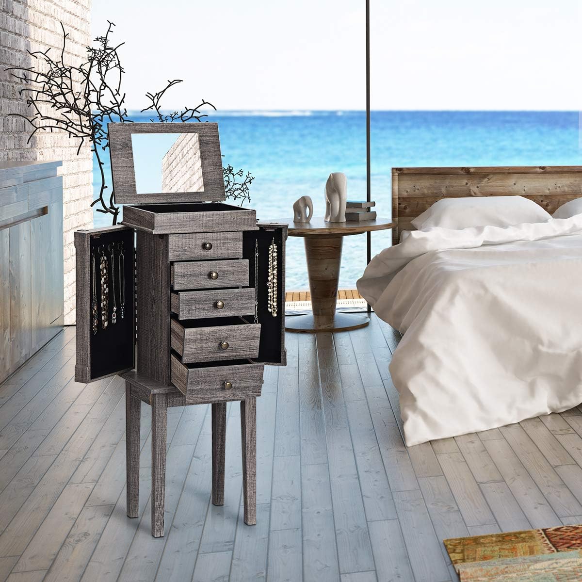 Giantex Standing Jewelry Armoire with Mirror, 5 Drawers & 8 Necklace Hooks, Jewelry Cabinet Chest with Top Storage Organizer Flip Mirror, 2 Side Swing Doors, Standing Jewelry Cabinets (Grey) : Clothing, Shoes & Jewelry