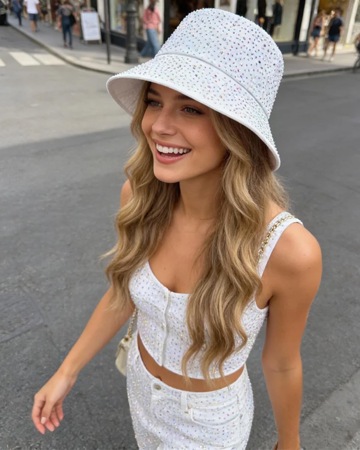 BOLLEY JOSS Women Bling Bucket Hat Sparkly Rhinestone Bucket Sun Hat Shiny Crystal Hat Cap Summer Travel Hats for Girls Women