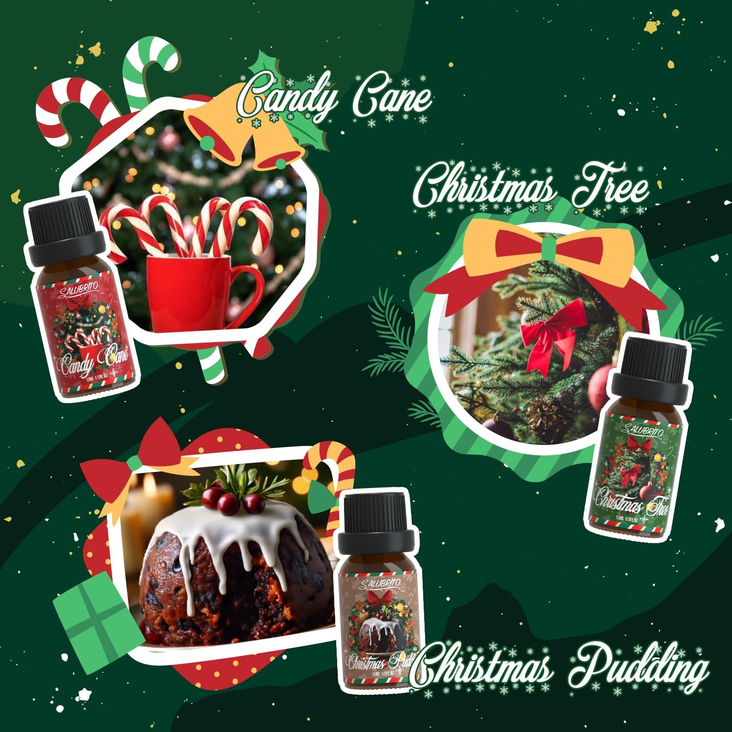 SALUBRITO Christmas Fragrance Oils Set, Winter Essential Oils for Diffuser, Candle Making, Scented Oils Gift - Candy Cane, Christmas Tree, Christmas Pudding, Apple Cinnamon, Gingerbread, Mistletoe - Image 3