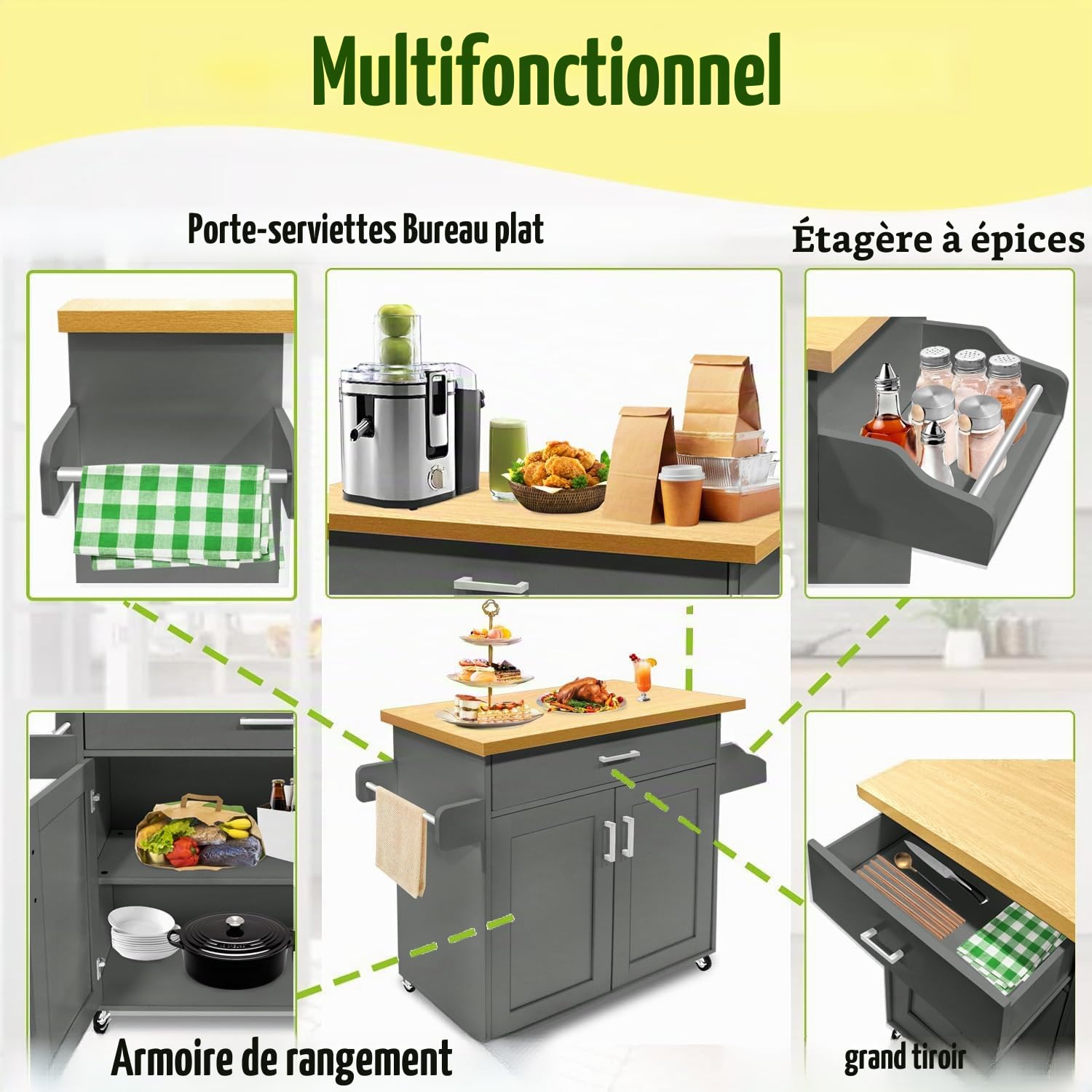 LZQ Chariot de Cuisine Mobile avec Plan de Travail - Îlot de Service - Meuble Rangement Desserte - 115 x 36 x 90 cm - Gris