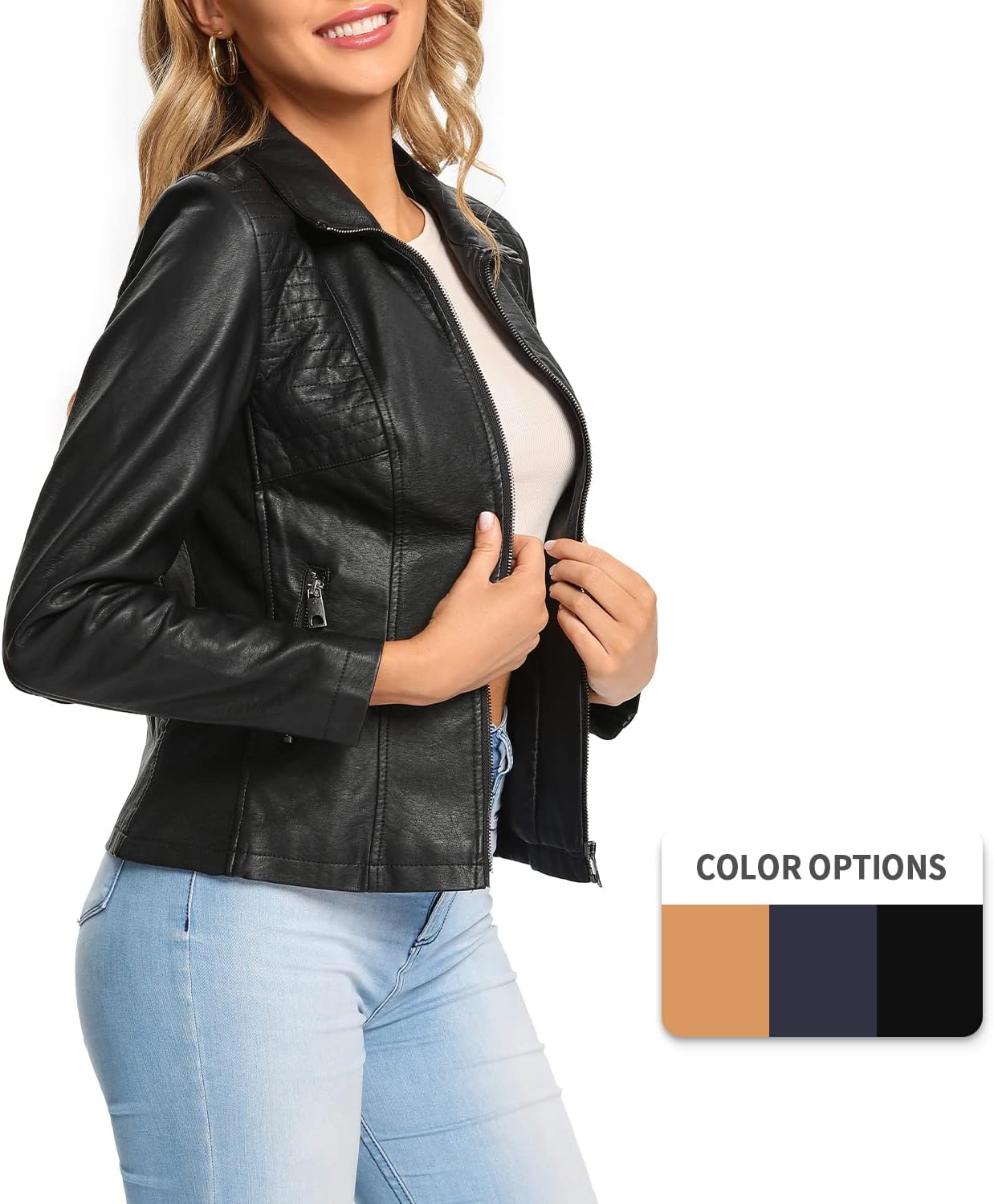 S P Y M Womens Faux Leather Jacket, Casual Fashion Quilted Zip Up Suede Coat With Elastic Rib - Image 2