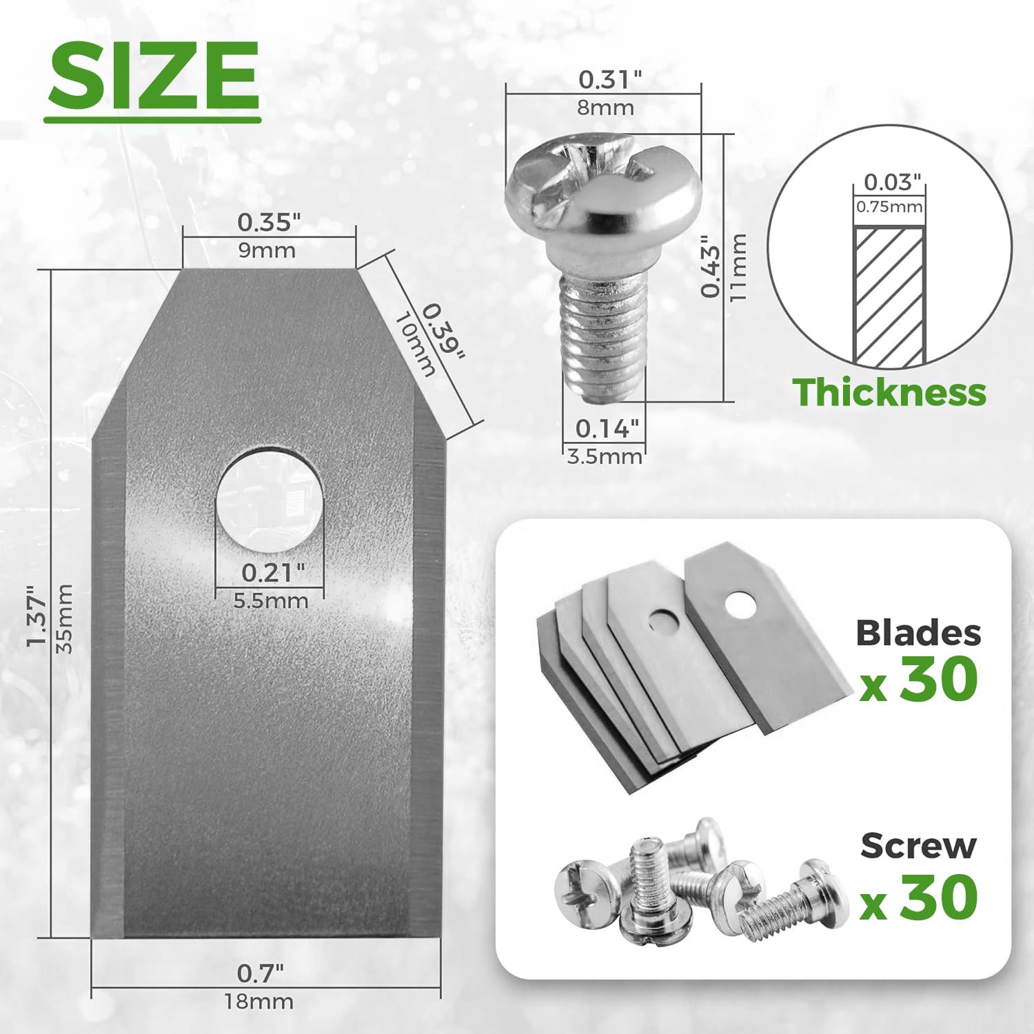 Green Piece Lame per robot tosaerba (confezione da 30) – in acciaio inox – 0,75 mm – compatibili con Husqvarna Automower, Gardena, Segway, Navimow, Ecovacs, ecc. – Taglio ad alte prestazioni con viti