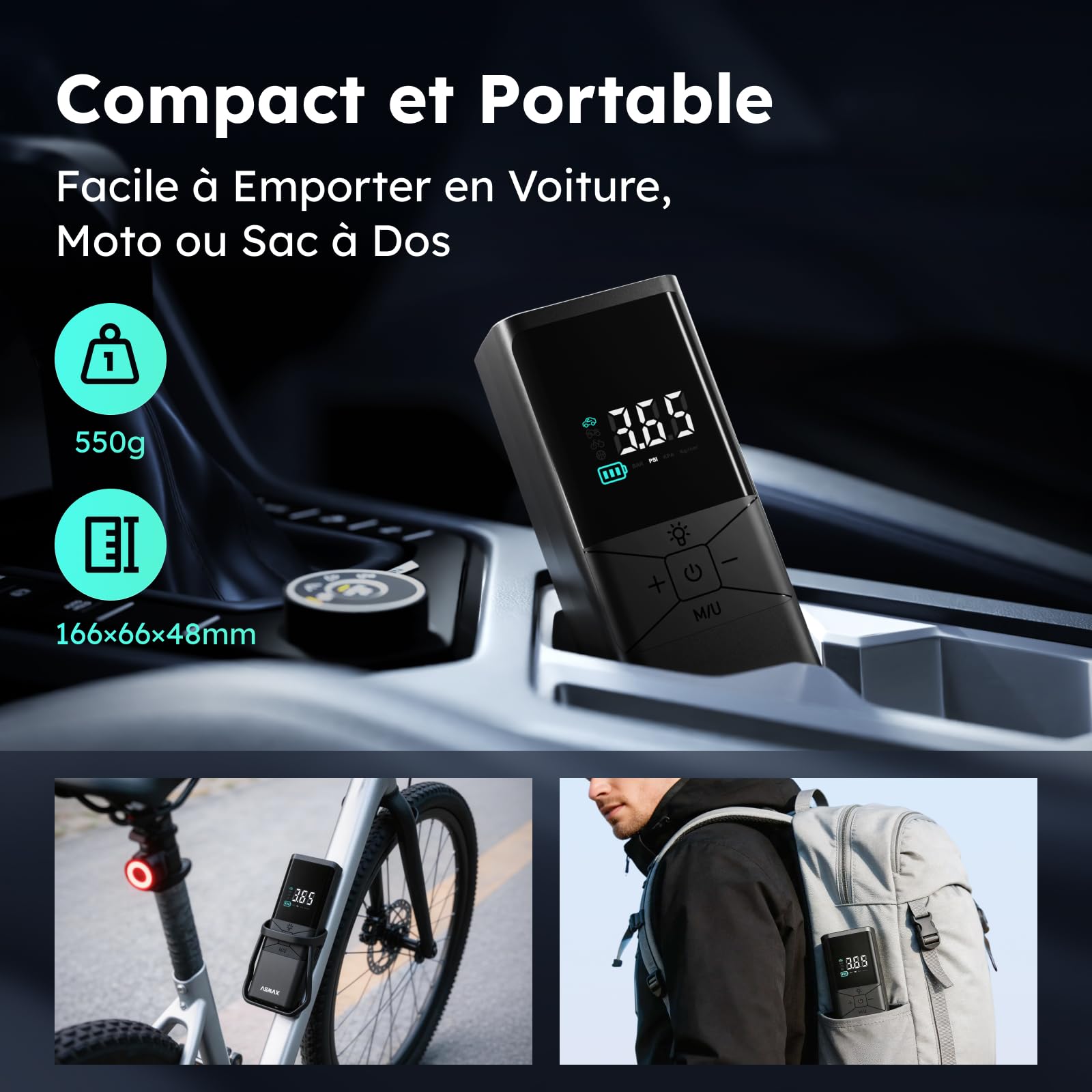 ASMAX T40 Compresseur d'air portable, 150 PSI Gonfleur de pneus | Avec écran numérique flottant, arrêt automatique intelligent, lumière LED, pompe à air pour voiture, moto, vélo et ballons