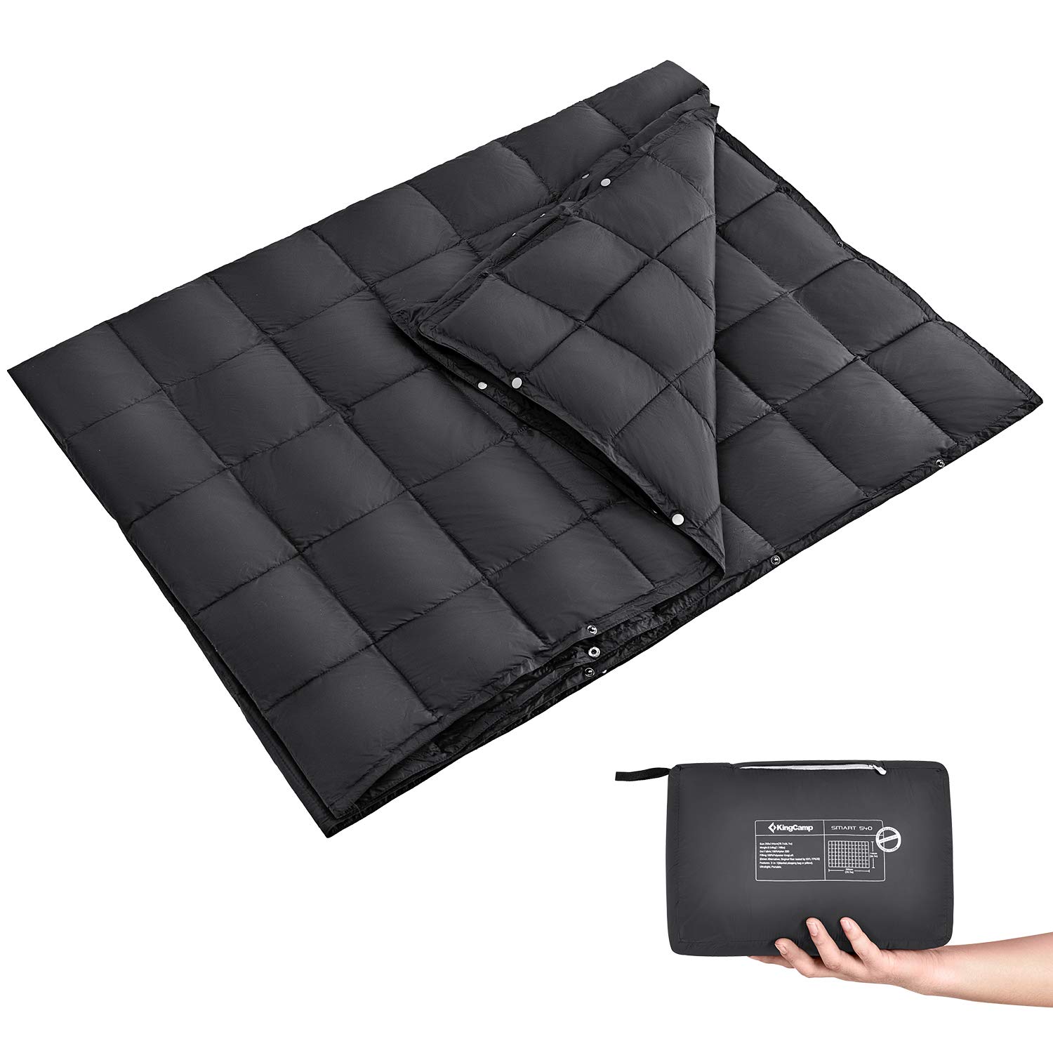 KingCamp XL Oversize Packable Lightweight Travel Down Alternative Warm Camping Blanket, Large Compact Outdoor Waterproof Insulated Blanket for Airplane, Hiking, Backpacking, Stadium, Park, Black