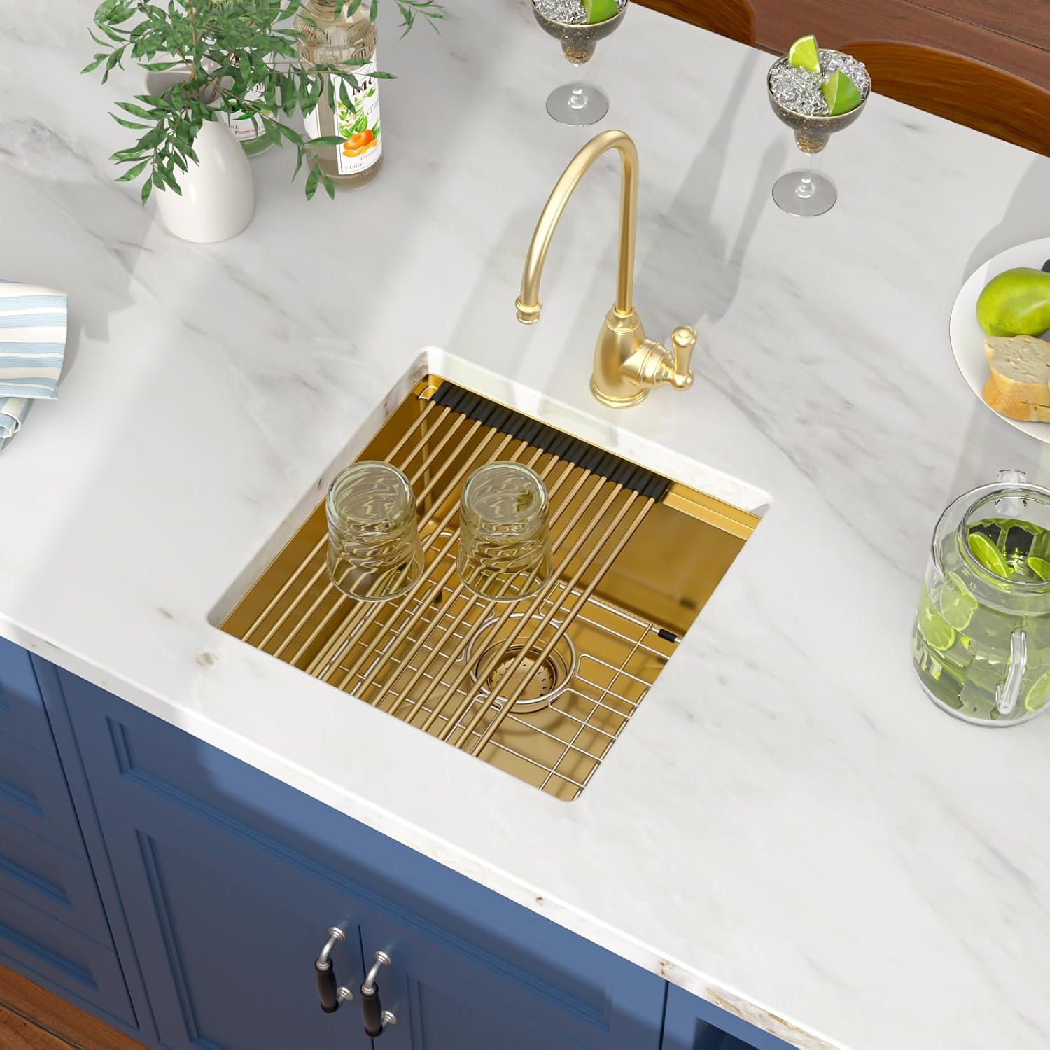 17x17 inch Gold Square Undermount Kitchen Sink, Small Wet Bar Prep Workstation Bar Sink, 16-Gauge Stainless Steel Single Bowl Basin for Laundry Room, RV, and Home Bar