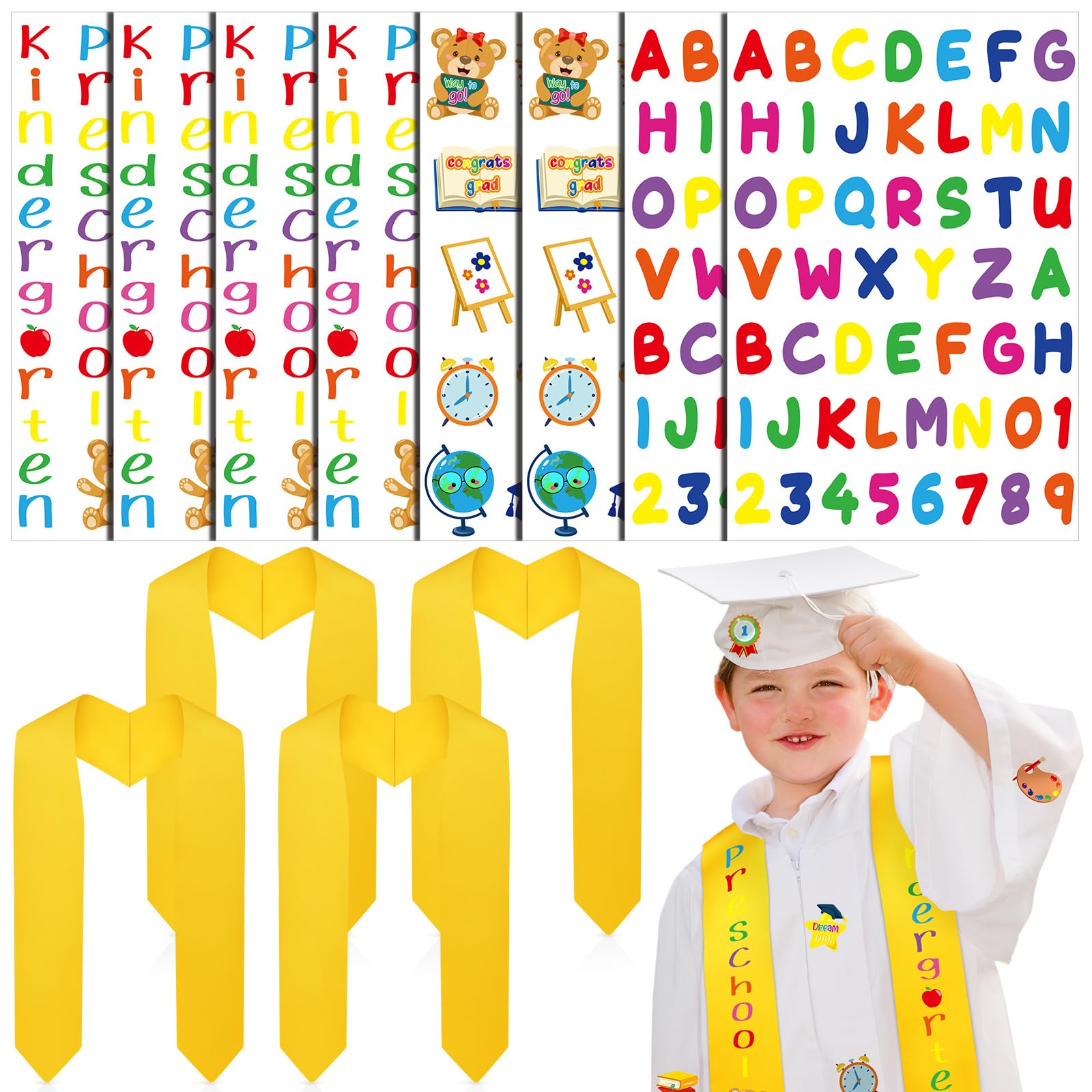 Jetec 4 Sets 2026 Kids Preschool Graduation Stoles Kindergarten Graduation Sash with Iron on Letters for Gown Cap DIY