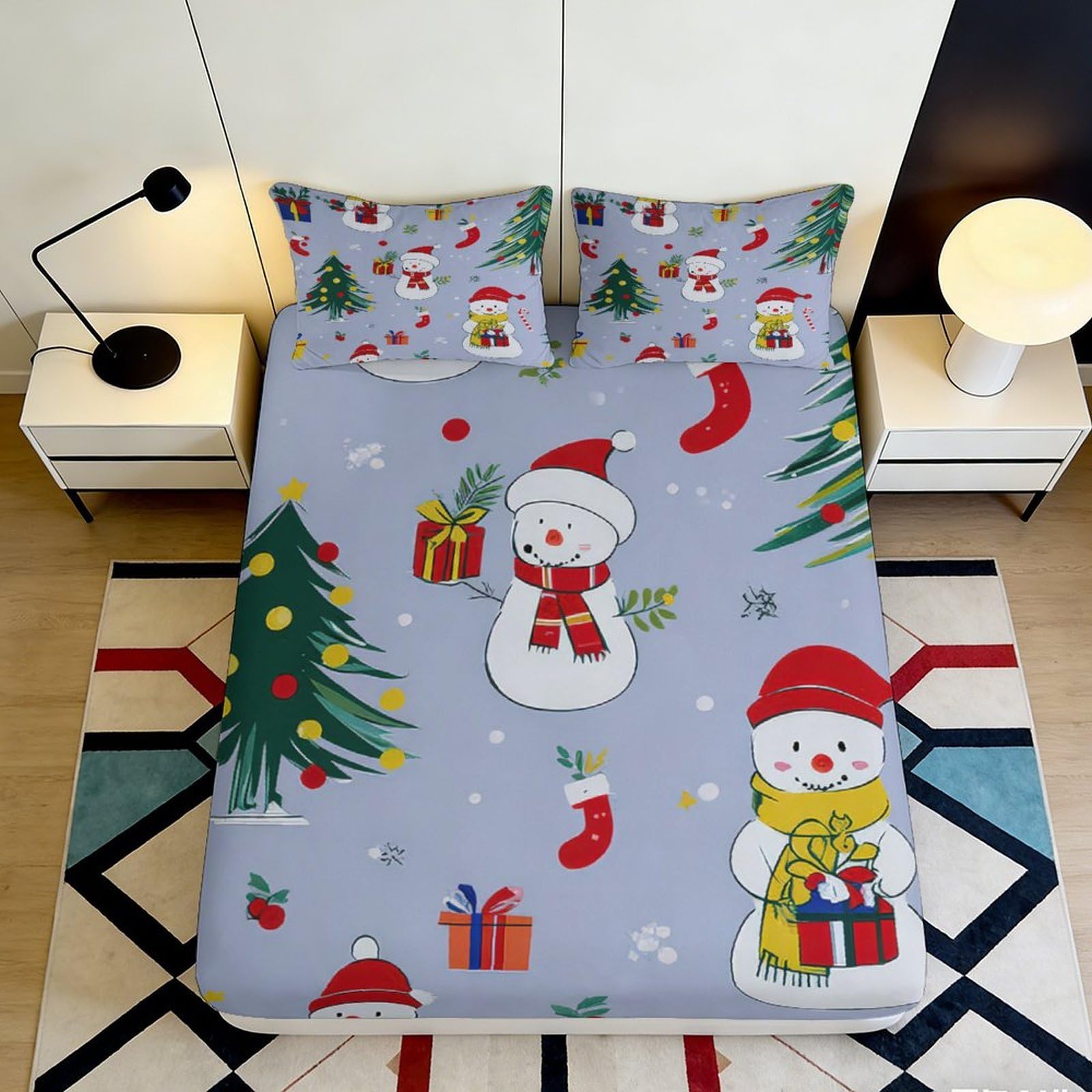 3D Printed Christmas Snowman Fitted Sheet Microfiber Blue Winter Tree Bed Cover for Bedroom Guest Room Decor 90x200x25cm