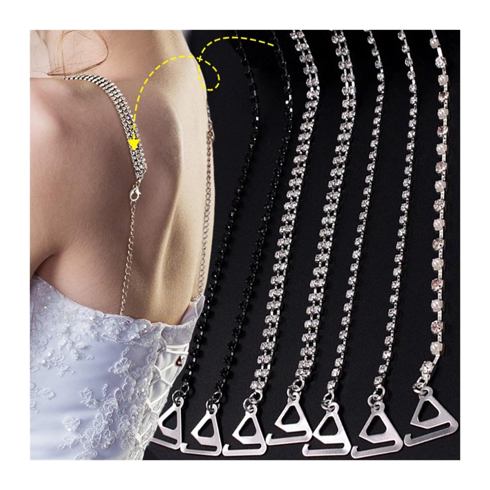 Bretelles Décoratives Pour Soutien-gorge - Chaîne Strass Cristal - Longueur Réglable (27 Cm + 15 Cm) - Noir Ou Argent - 2 Pièces - Pour Robes Décolletées