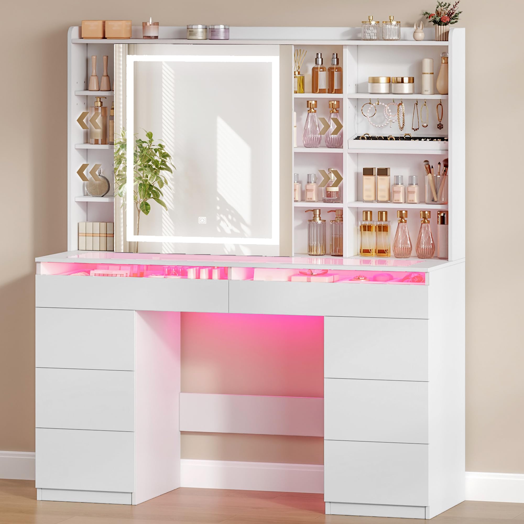 Hzuaneri Große Schminktisch, Schminktisch mit Verstellbaren RGB-Beleuchtung und Glasplatte, Schminktische mit Große Spiegel, 8 Schubladen und 9 Offenen Fächern, Schlafzimmer, Weiß, 1180203XEU