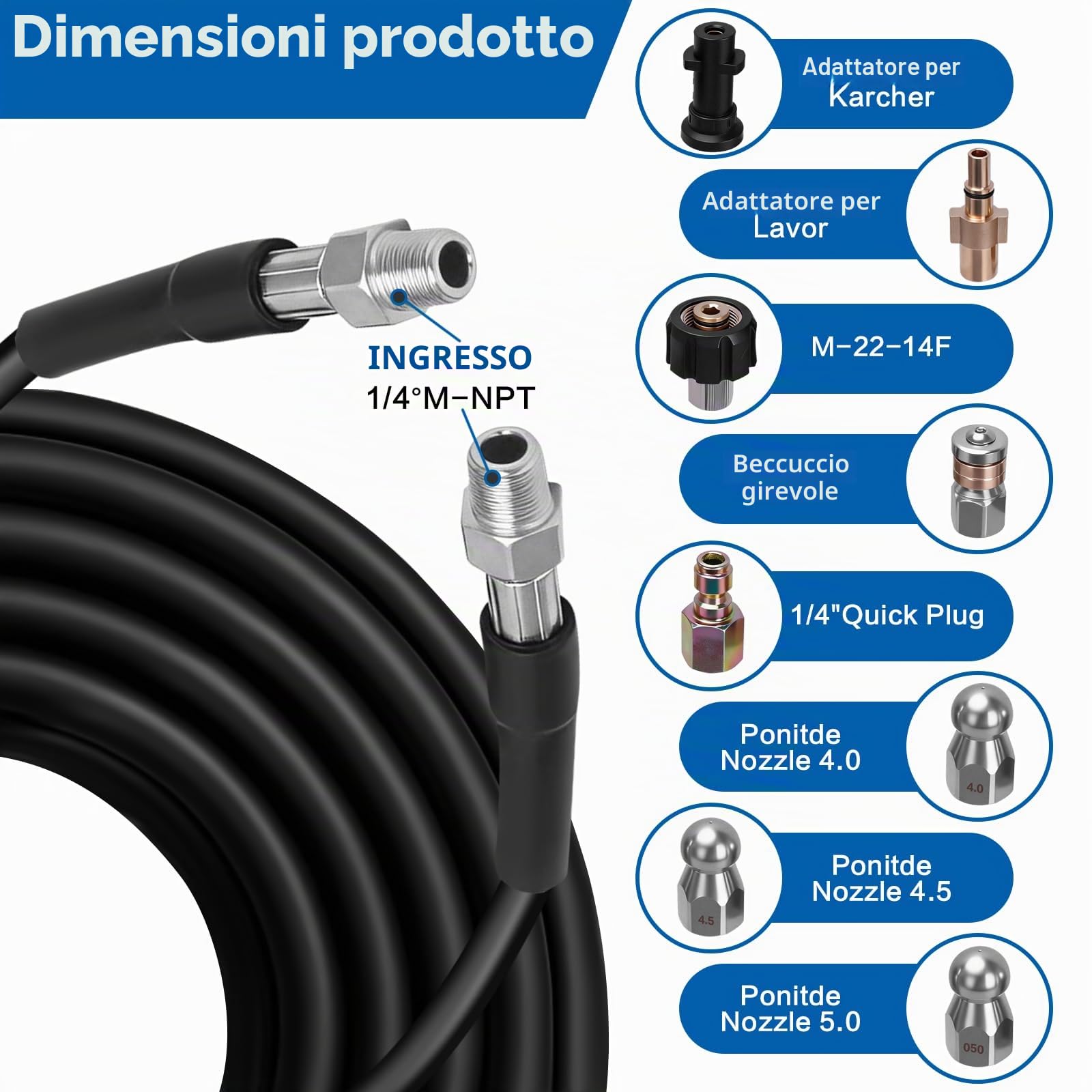 15M Tubo per Idropulitrice, 180Bar 60°C Sturatubi per Idropulitrici, Sonda Sturatubi Compatibile con Karcher K2-K7, Include 2 Adattatori, 3 Ugelli Ugelli Rigidi, 1 Rotanti, 2 Chiave e 2 Nastro Teflon