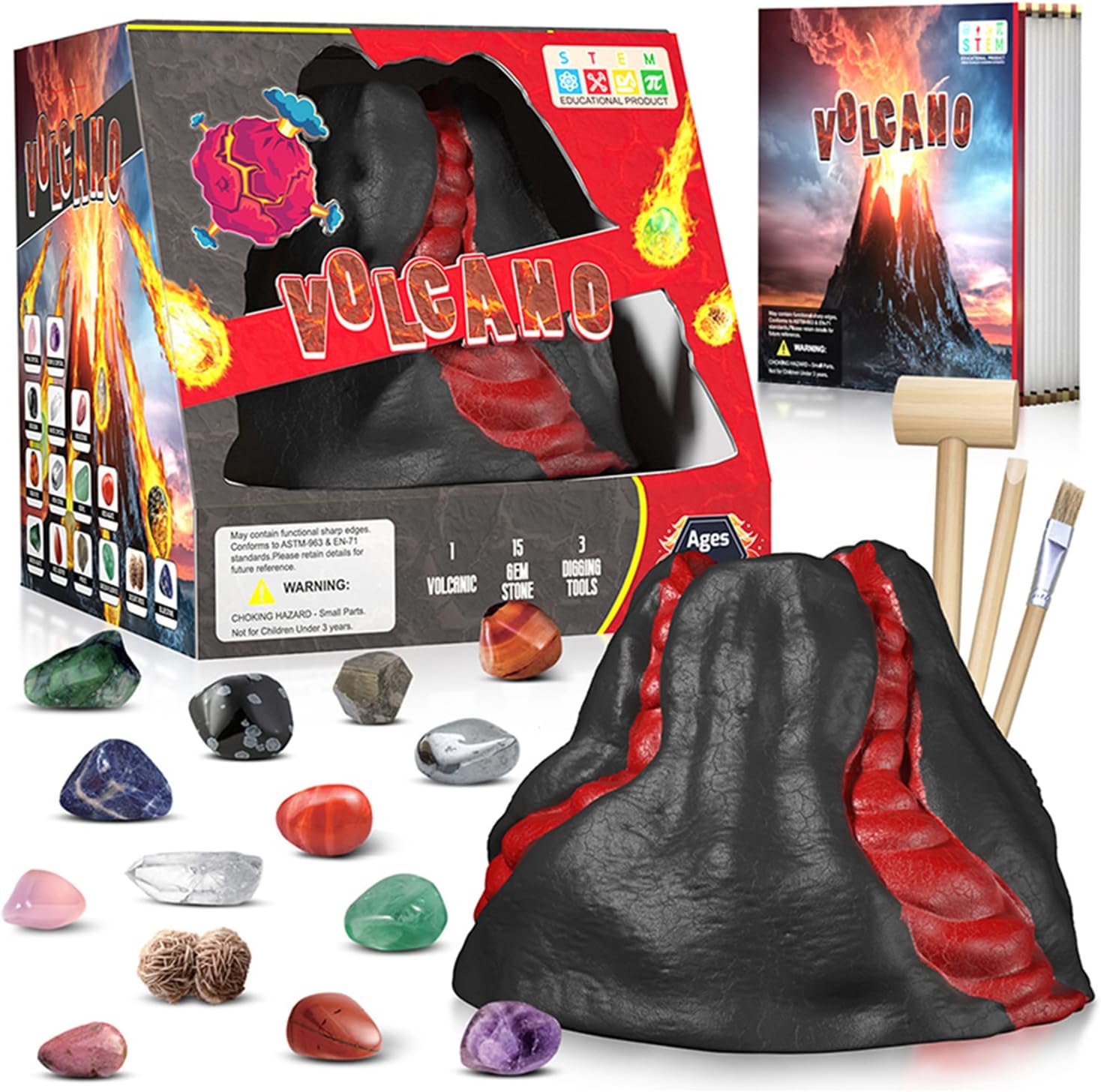 AM ANNA Science Kits for Kids 4-12, Volcano Excavate 15 Real Fossils and Gems STEM Projects, Gifts for 6 Year Old Boys, Girls Educational Toys 5-7 (Volcano Science Kit)