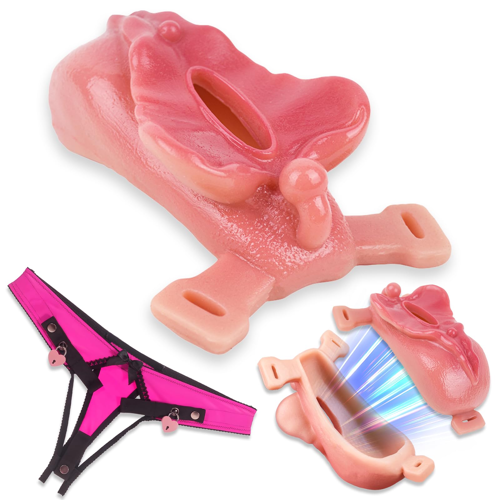 Gabbia Castità con Vagina Artificiale e Mutandine di Bloccaggio Crossdresser in Silicone con Cinturino per Giocattolo Sessuale per Uomo Masturbazione (pink)