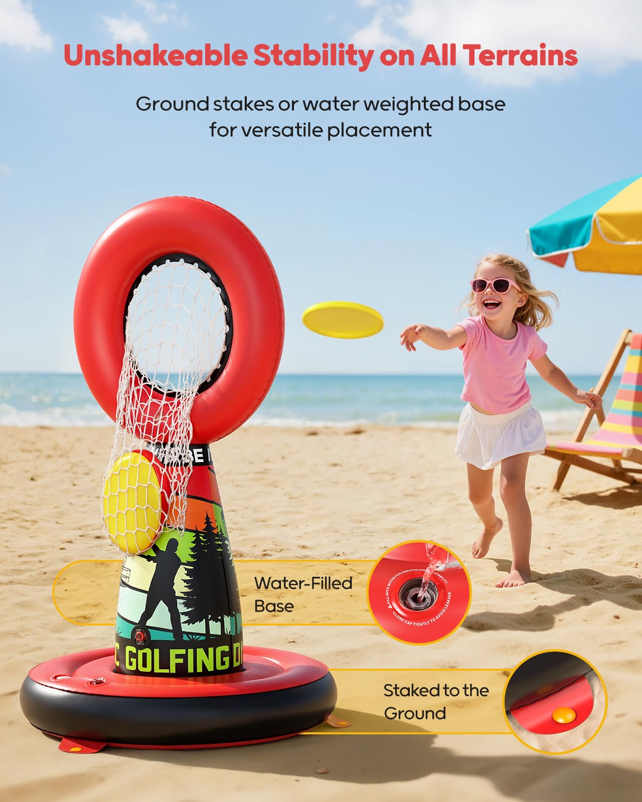 QPAU Set de Disc Golf Inflable para Niños y Diversión Familiar, Juego Completo de Exterior con Cesta Objetivo, 4 Discos Voladores y Bomba, Juegos de Jardín para Niños-Regalos Ideales para Adolescentes