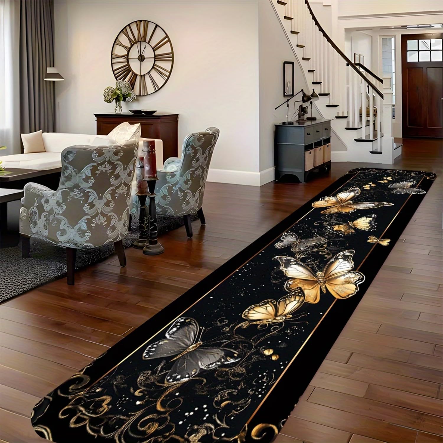 RICAUOU Washable 3D Runner Rug, 120x300cm Vintage Gold Butterfly on Black Long Hallway Carpet Soft, Non-Slip, Machine-Washable Area Rugs for Living Room, Dining Room, Laundry Room, Bathroom